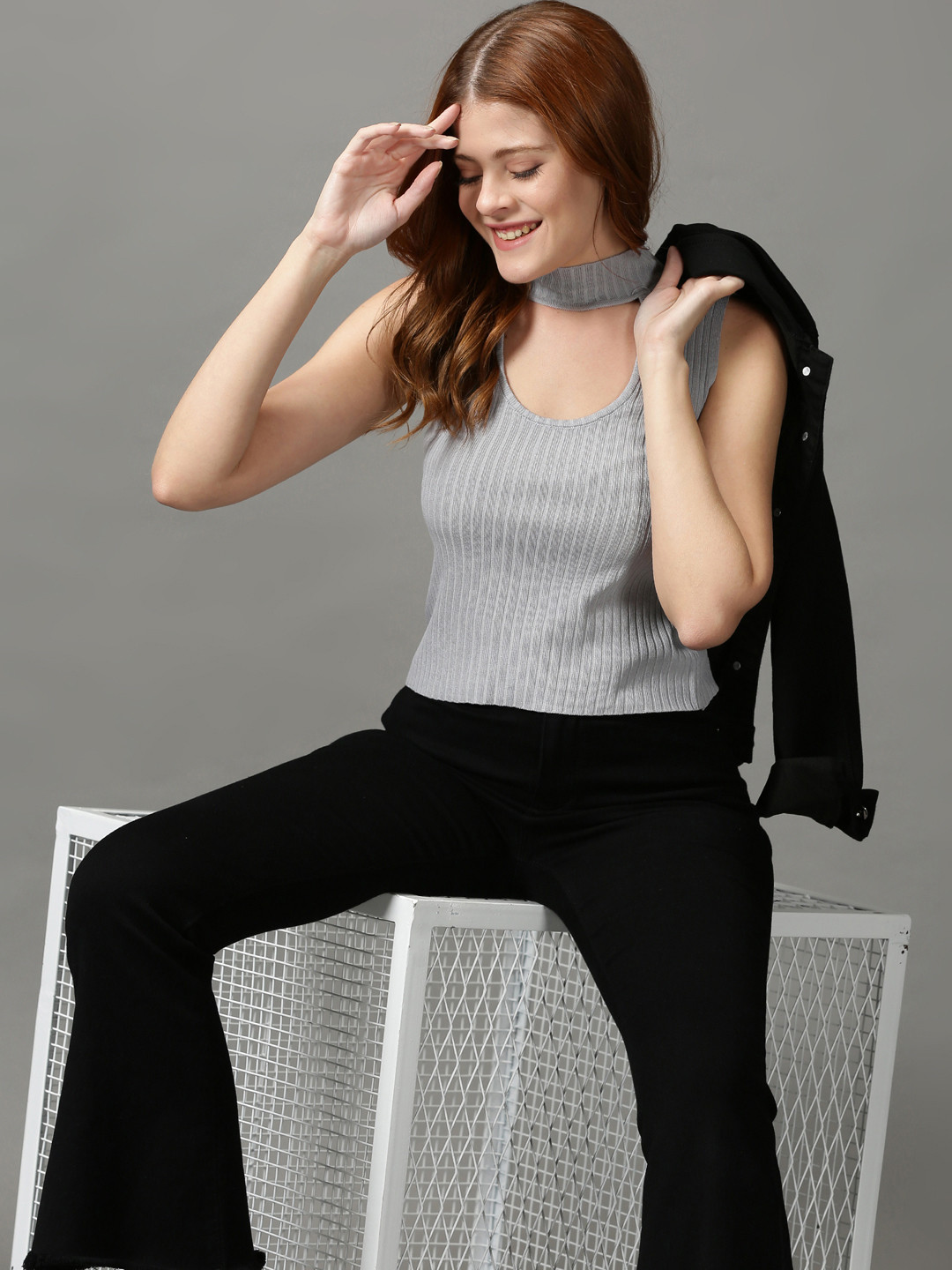 

SHOWOFF Grey Choker Neck Fitted Sleeveless Top
