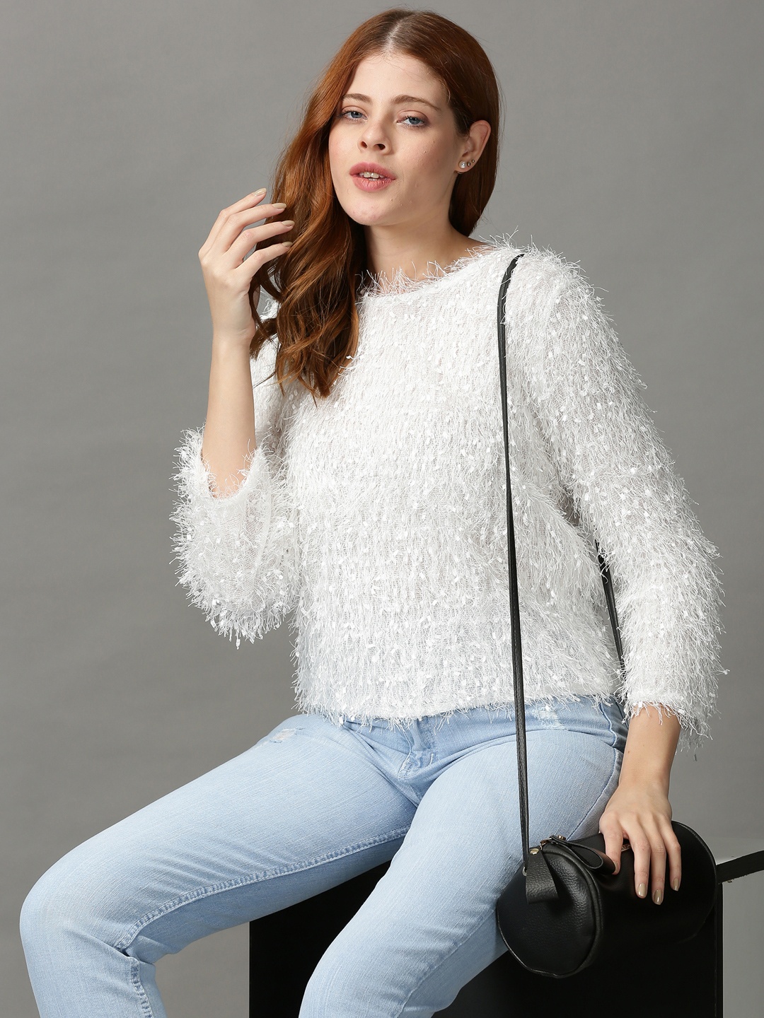 

SHOWOFF White Self Design Round Neck Regular Top