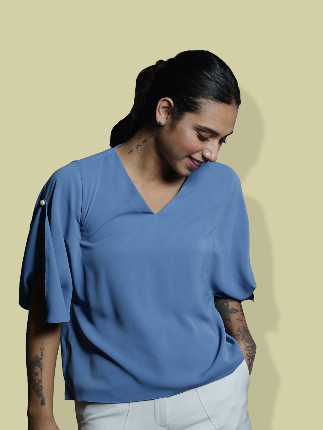 

MODWEE Blue V-Neck Flared Sleeves Top