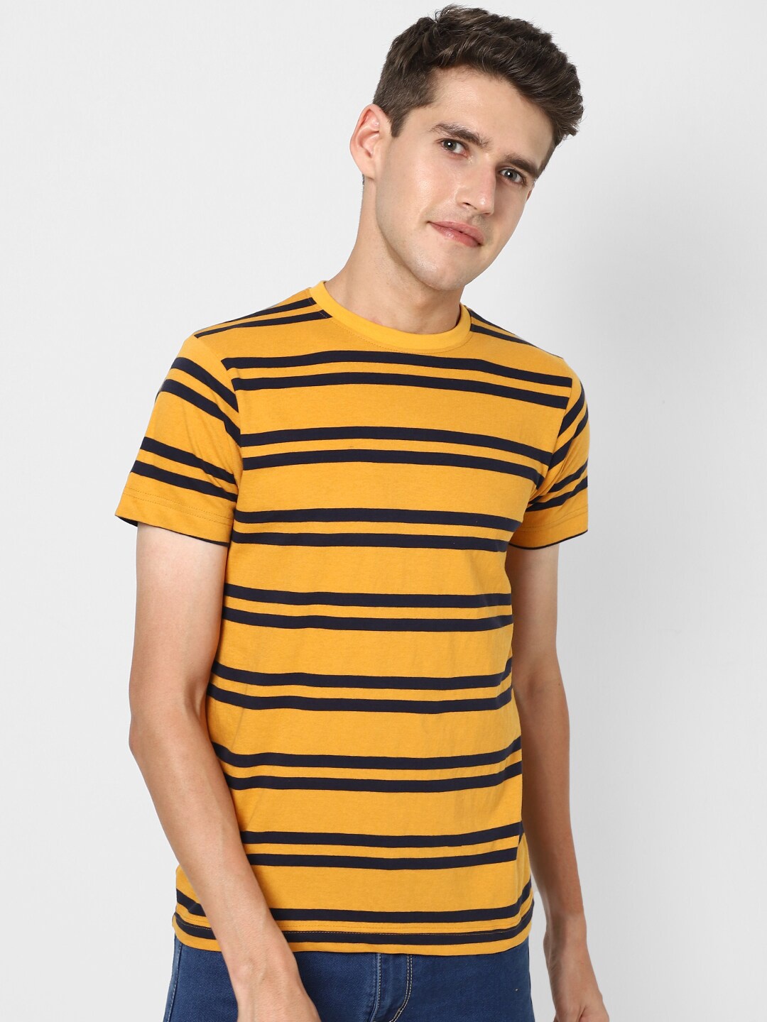 

VASTRADO Men Yellow Striped Cotton T-shirt