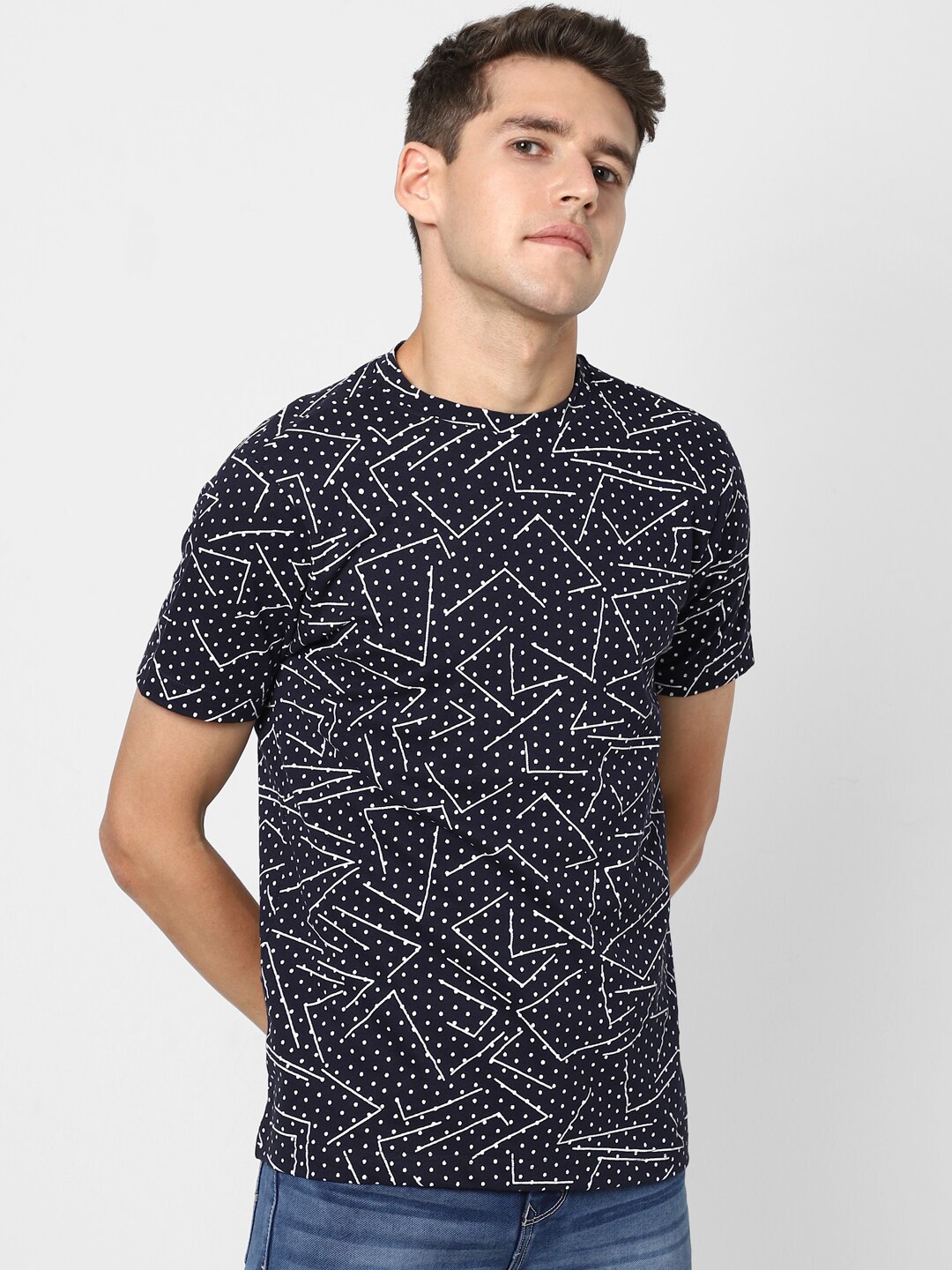 

VASTRADO Men Navy Blue Printed Cotton T-Shirt