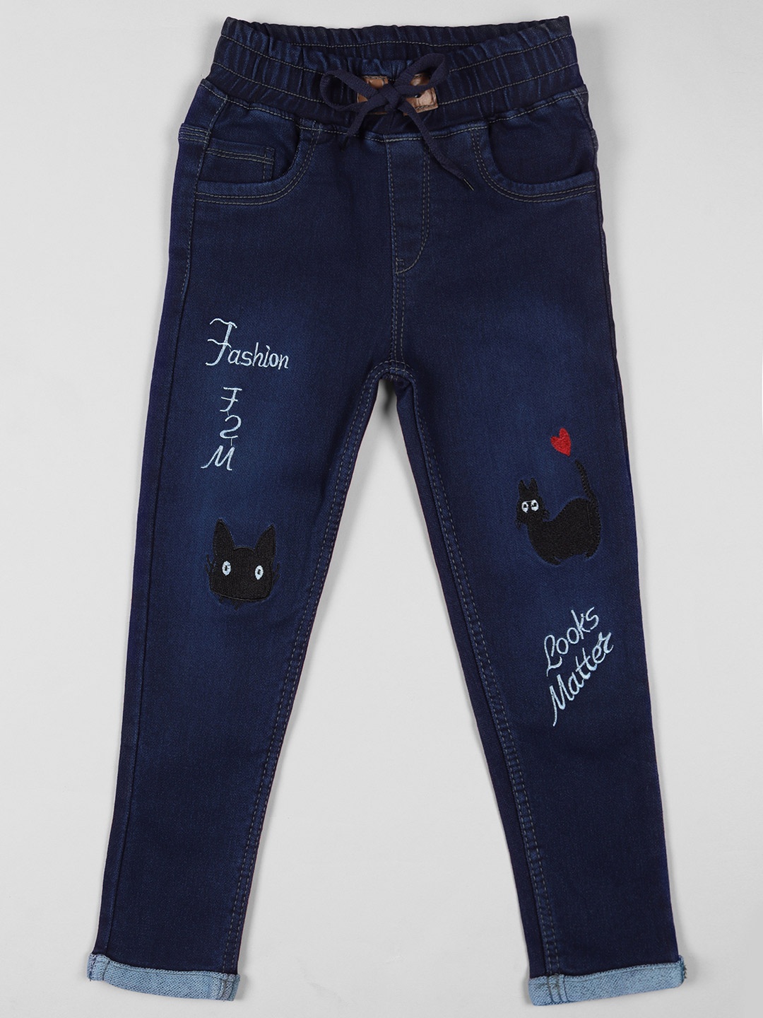 

F2M Girls Navy Blue Slim Fit High-Rise Mildly Distressed Light Fade Embroidered Jeans