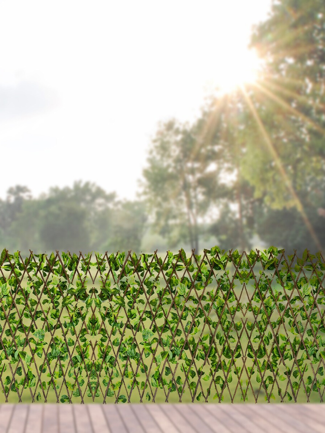 

Athome by Nilkamal Green & White Expendable Fence With Artificial Flowers and Plants