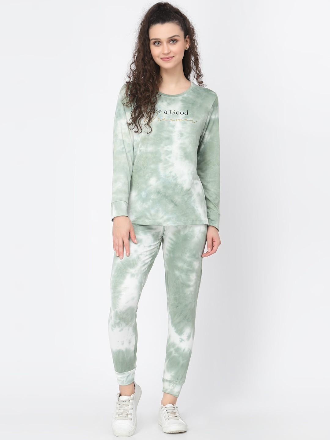 

Sweet Dreams Women Green & White Tie and Dye Night suit