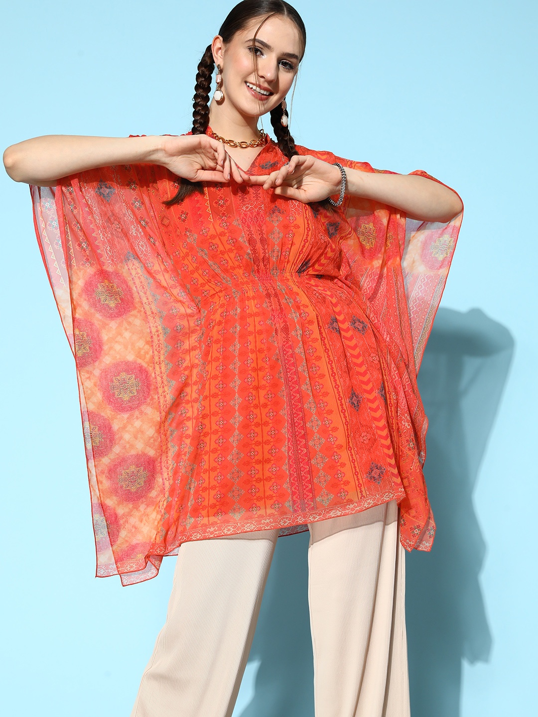 

ZOLA Women Ethnic Motifs Printed Extended Sleeves Kaftan Kurta, Coral