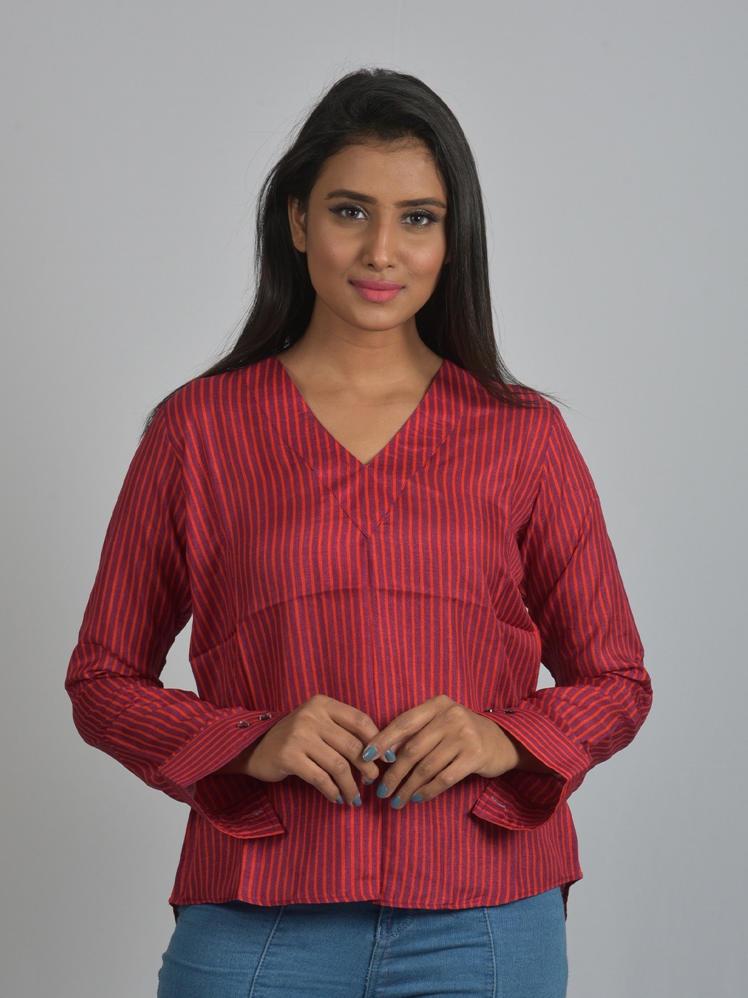 

OWO THE LABEL Maroon & Orange Vertical Striped Pure Cotton High-Low Top