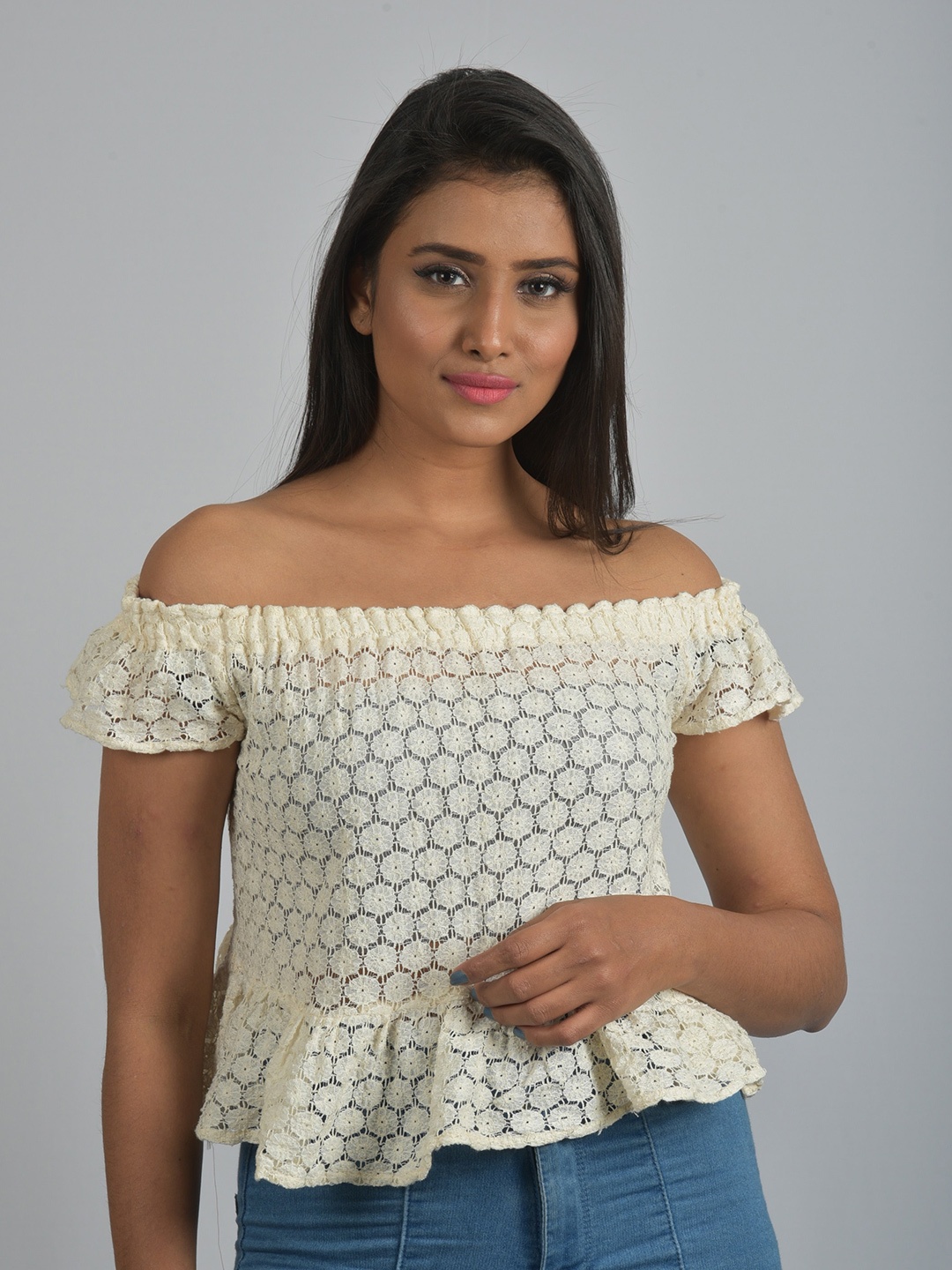 

OWO THE LABEL Cream-Coloured Geometric Self Design Off-Shoulder Bardot Top