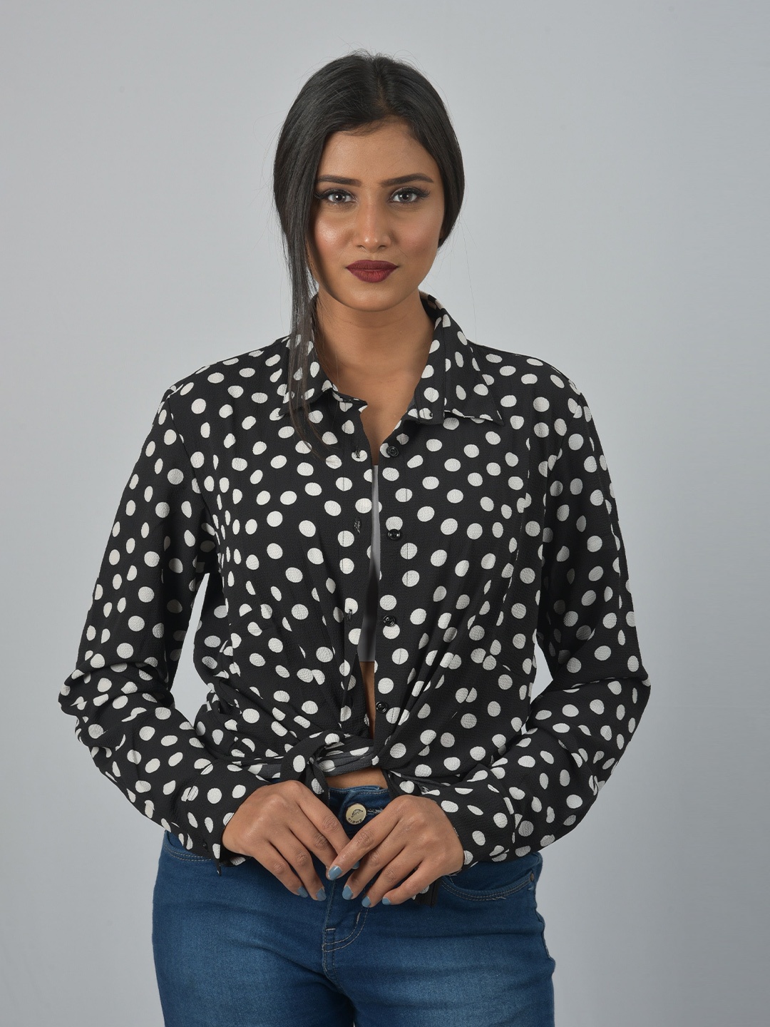 

OWO THE LABEL Black & White Polka Dots Print Chiffon Shirt Style Top