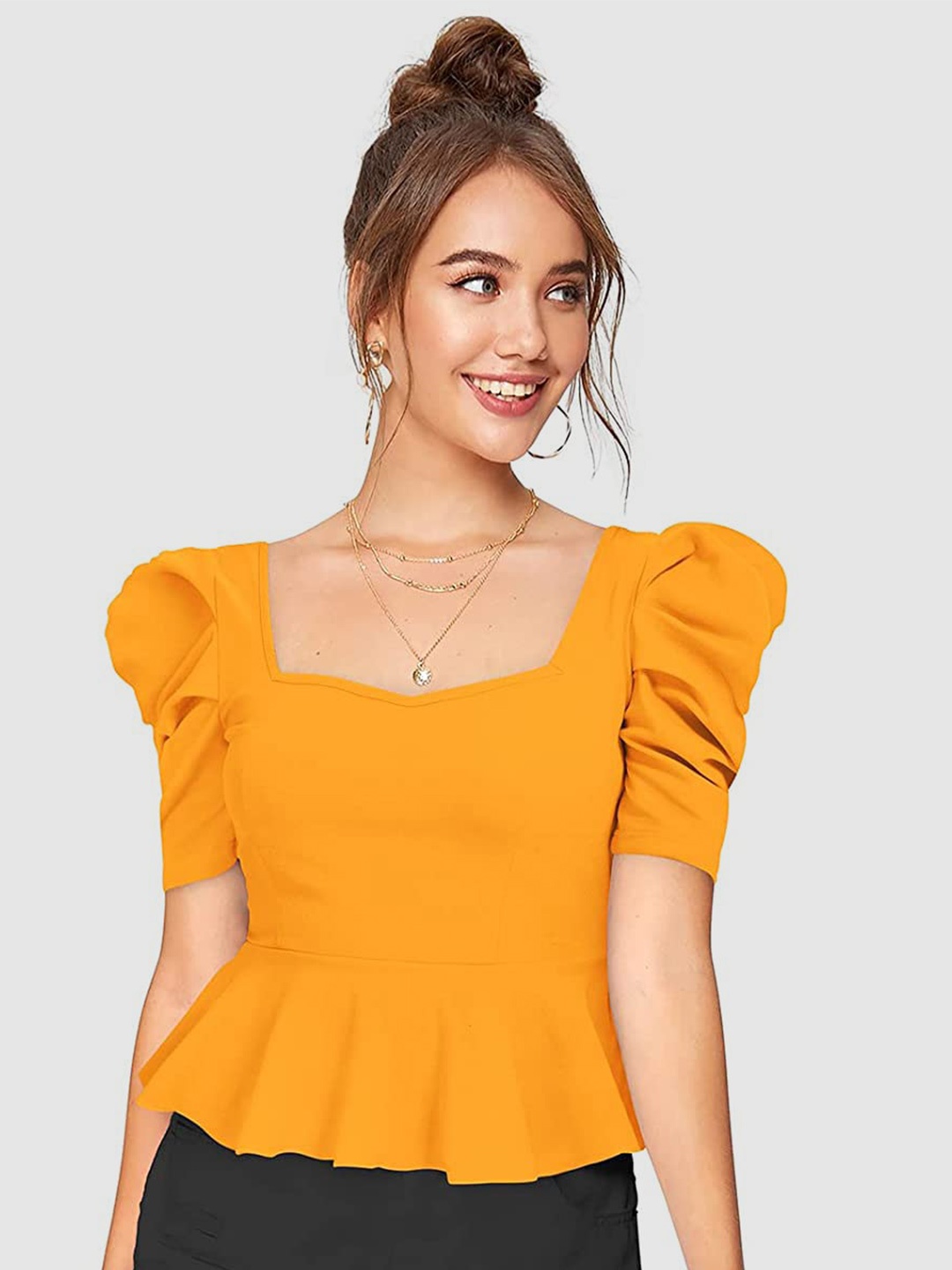 

Womenster Mustard Yellow Crepe Peplum Top