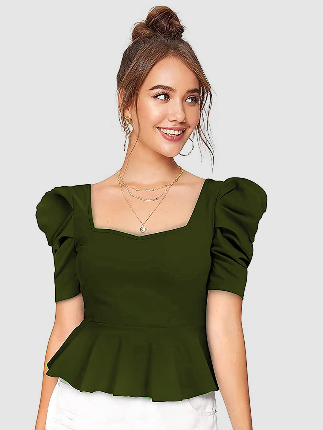 

Womenster Olive Green Crepe Peplum Top