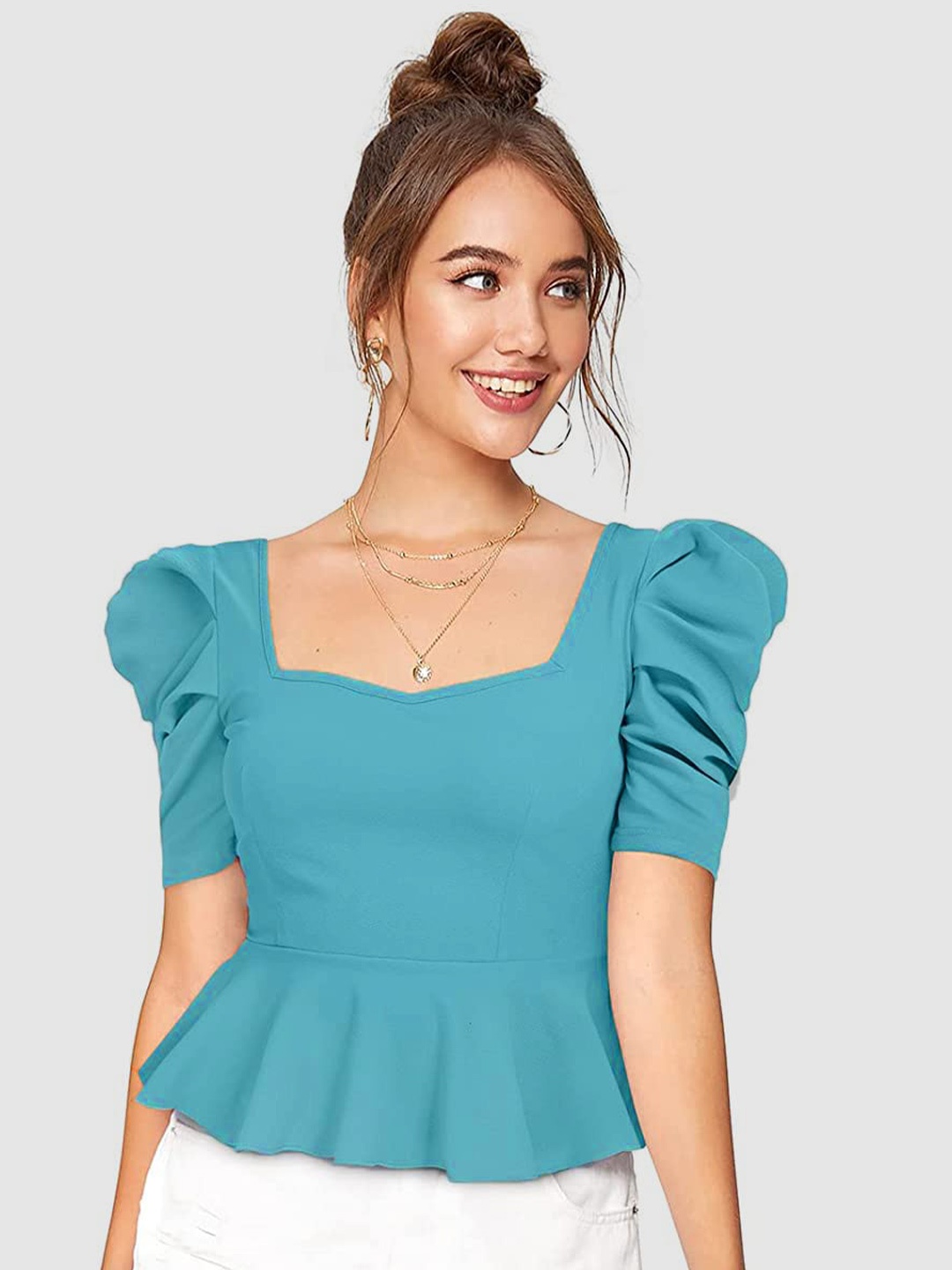 

Womenster Teal Puff Sleeve Sweetheart Neck Peplum Top