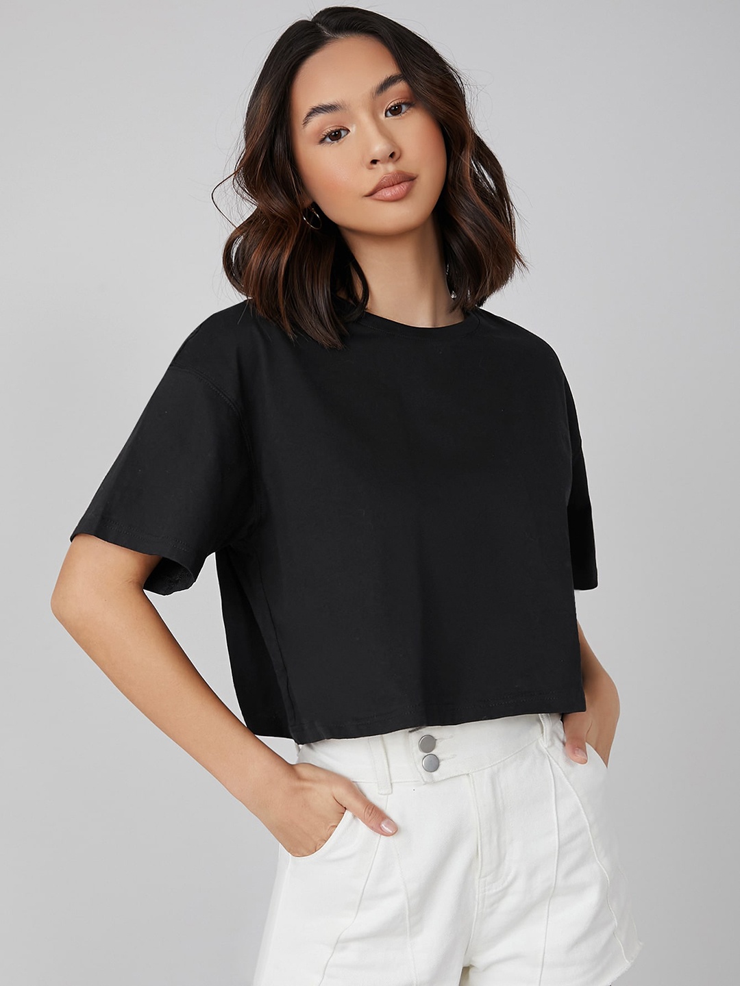 

AAHWAN Drop Shoulder Sleeve Crop Top, Black