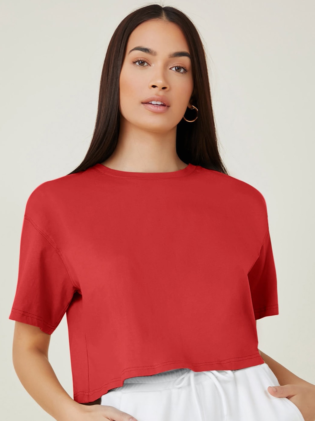 

AAHWAN Round Neck Boxy Crop Top, Red
