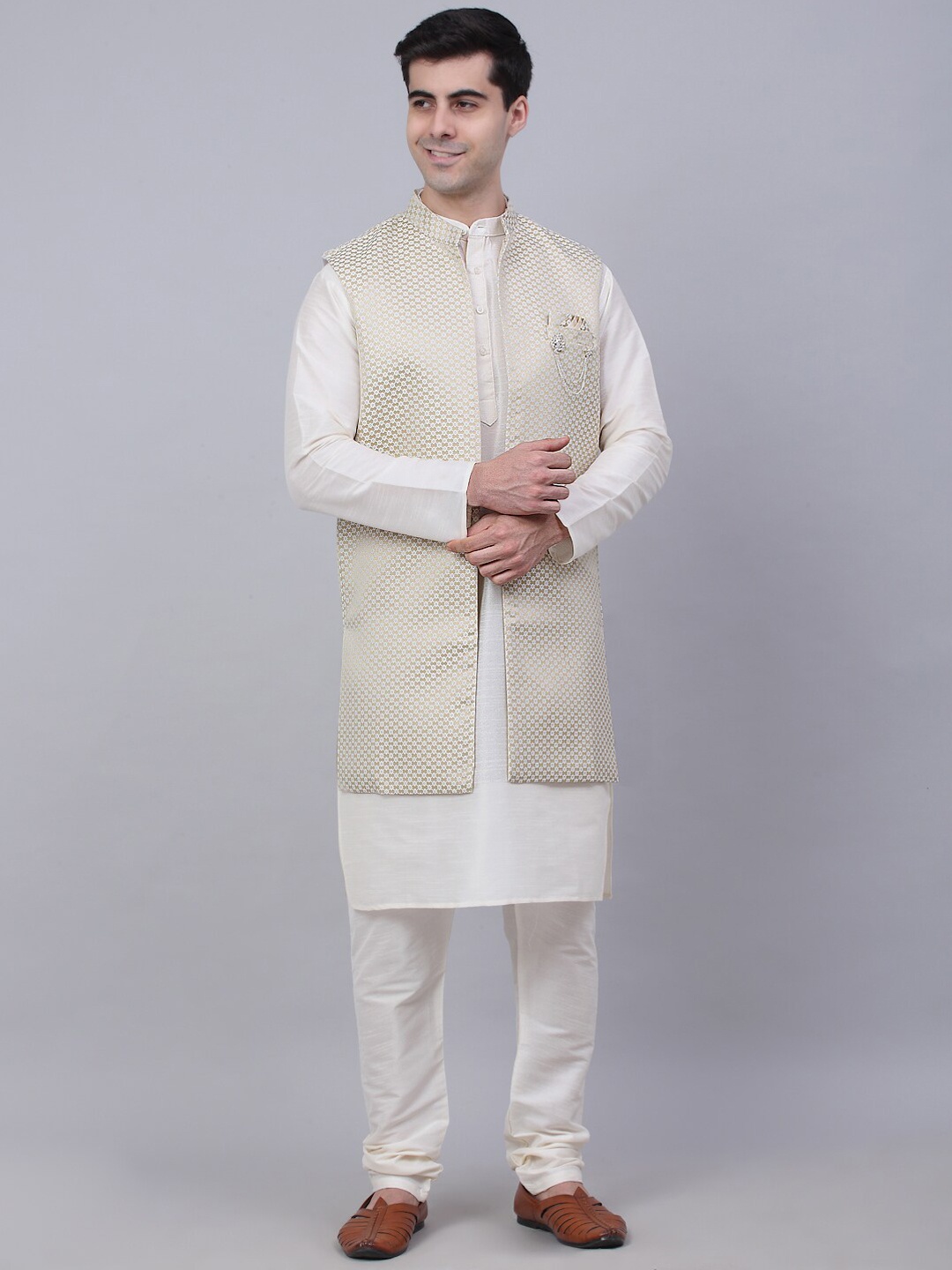 

Jompers Men Beige Dupion Silk Kurta with Pyjamas & Woven Design Jacket