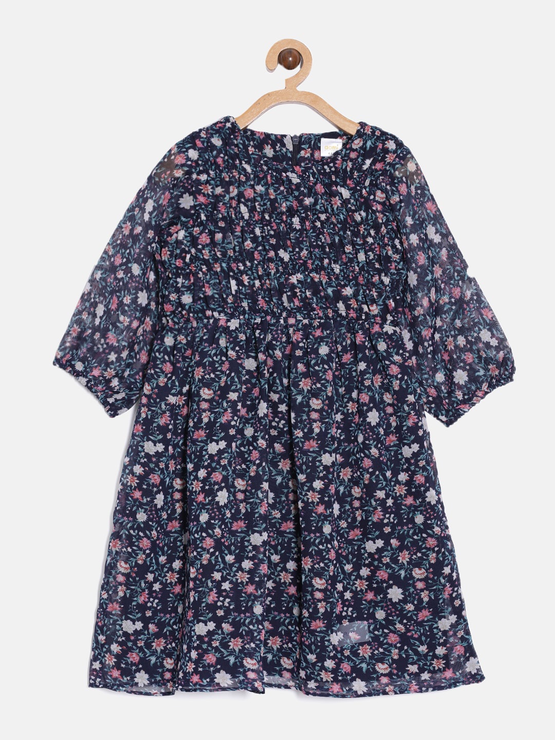 

Aomi Girls Navy Blue Floral Georgette A-Line Dress