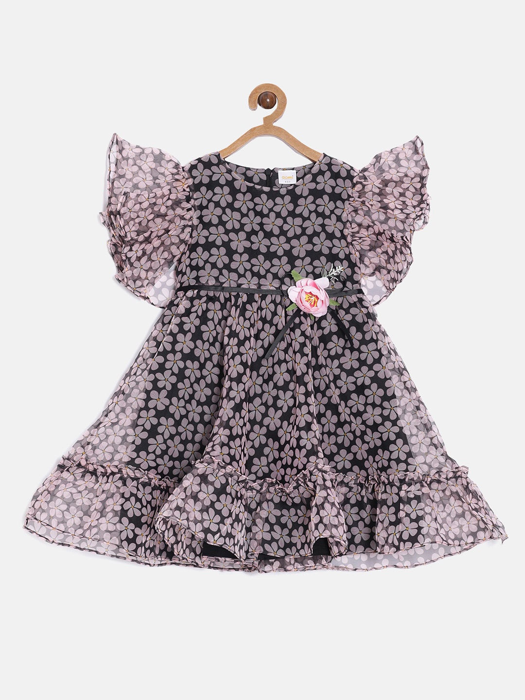 

Aomi Girls Black Floral Printed Fit & Flare Dress