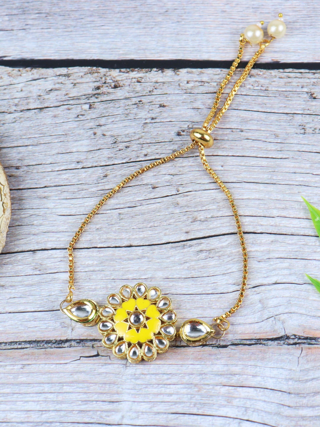 

Asthetika Kids Girls Yellow & Gold-Toned Kundan Charm Bracelet