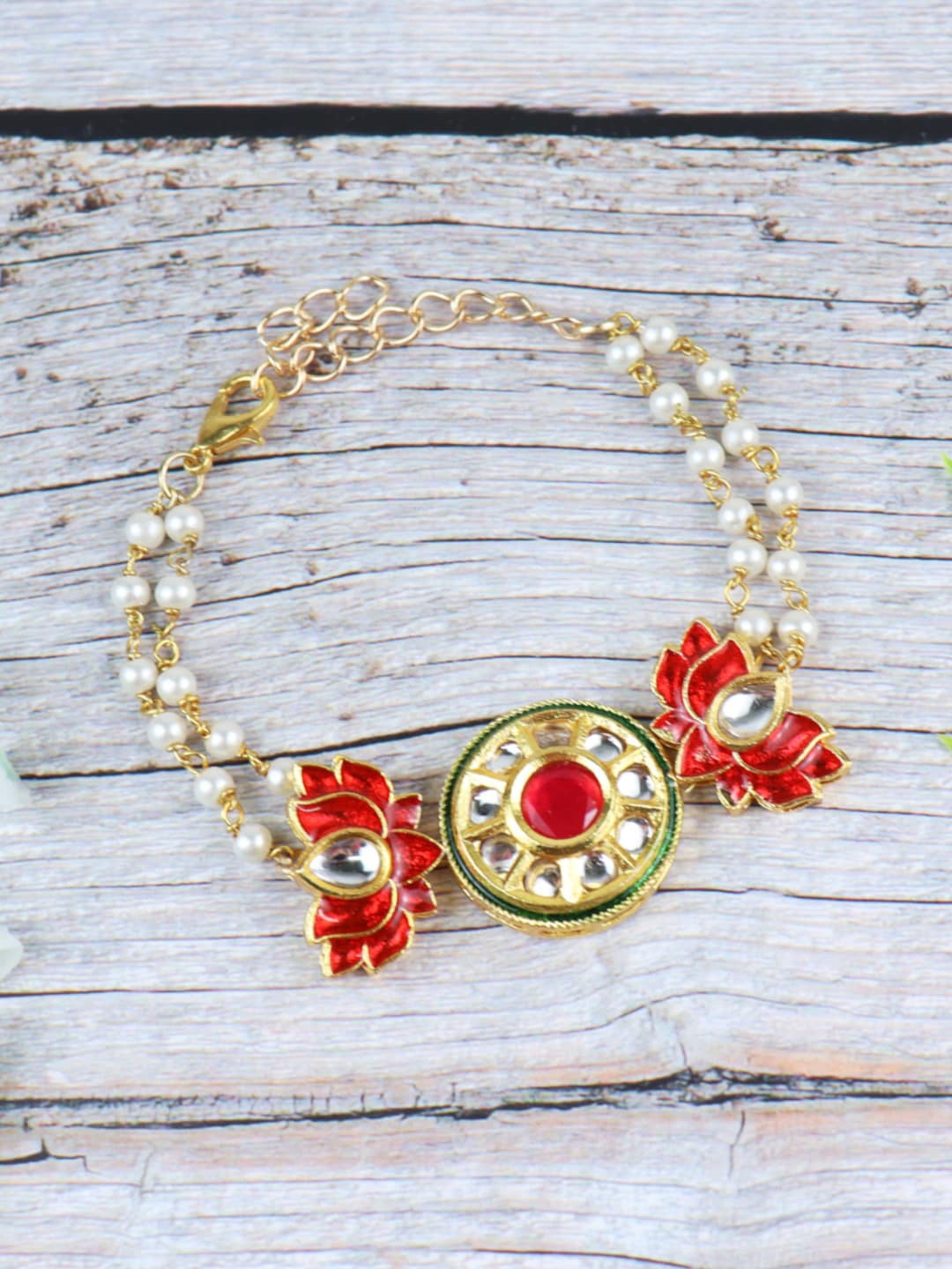 

Asthetika Kids Girls Red & White Kundan Lotus Charm Bracelet