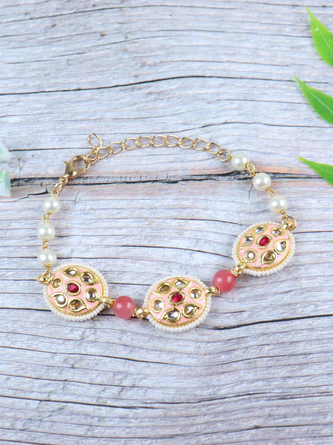 

Asthetika Kids Girls Pink & White Kundan Link Bracelet