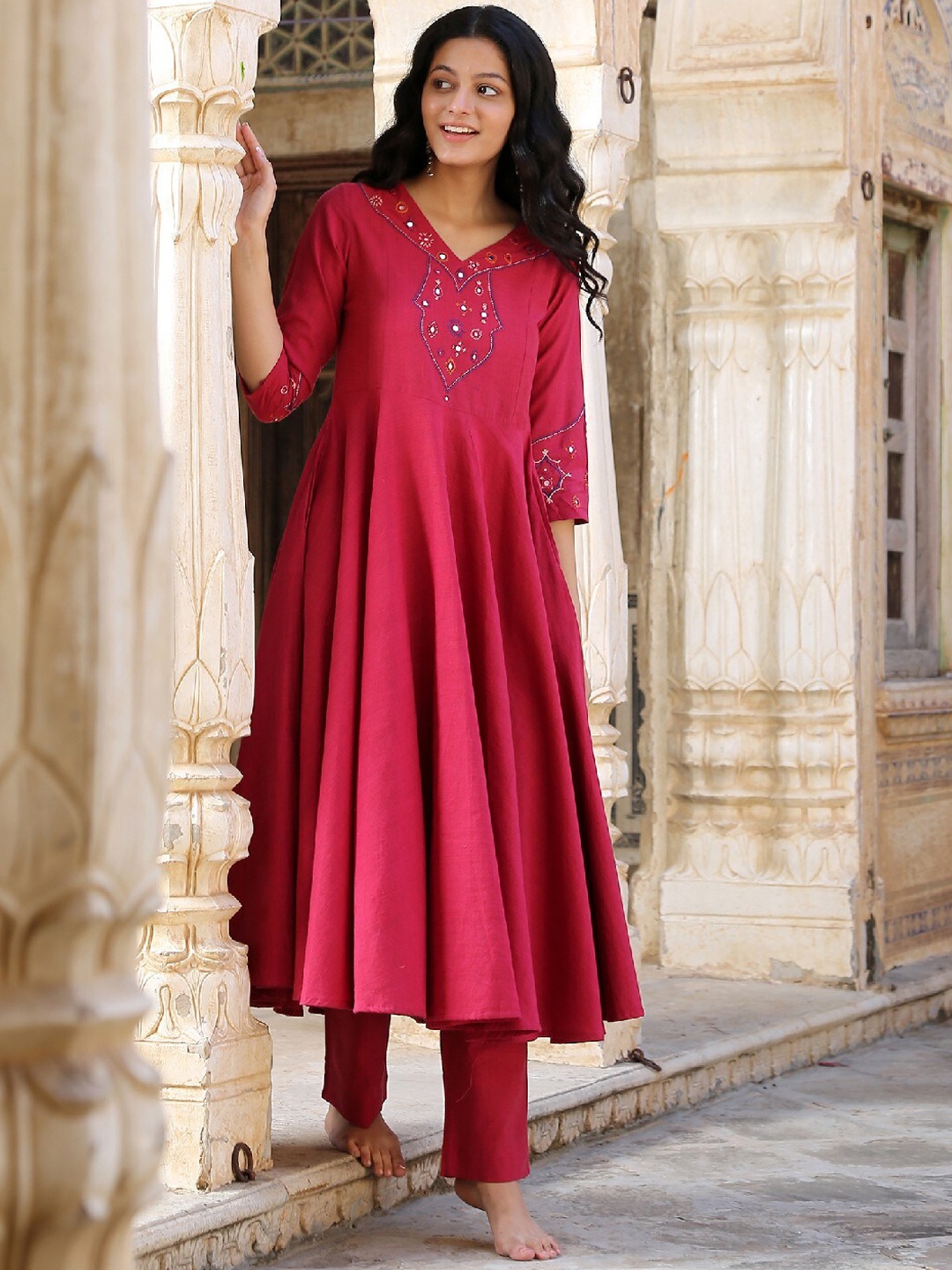 

OKHAI Women Pink Embroidered Mirror Work Pure Cotton Kurta With Trousers