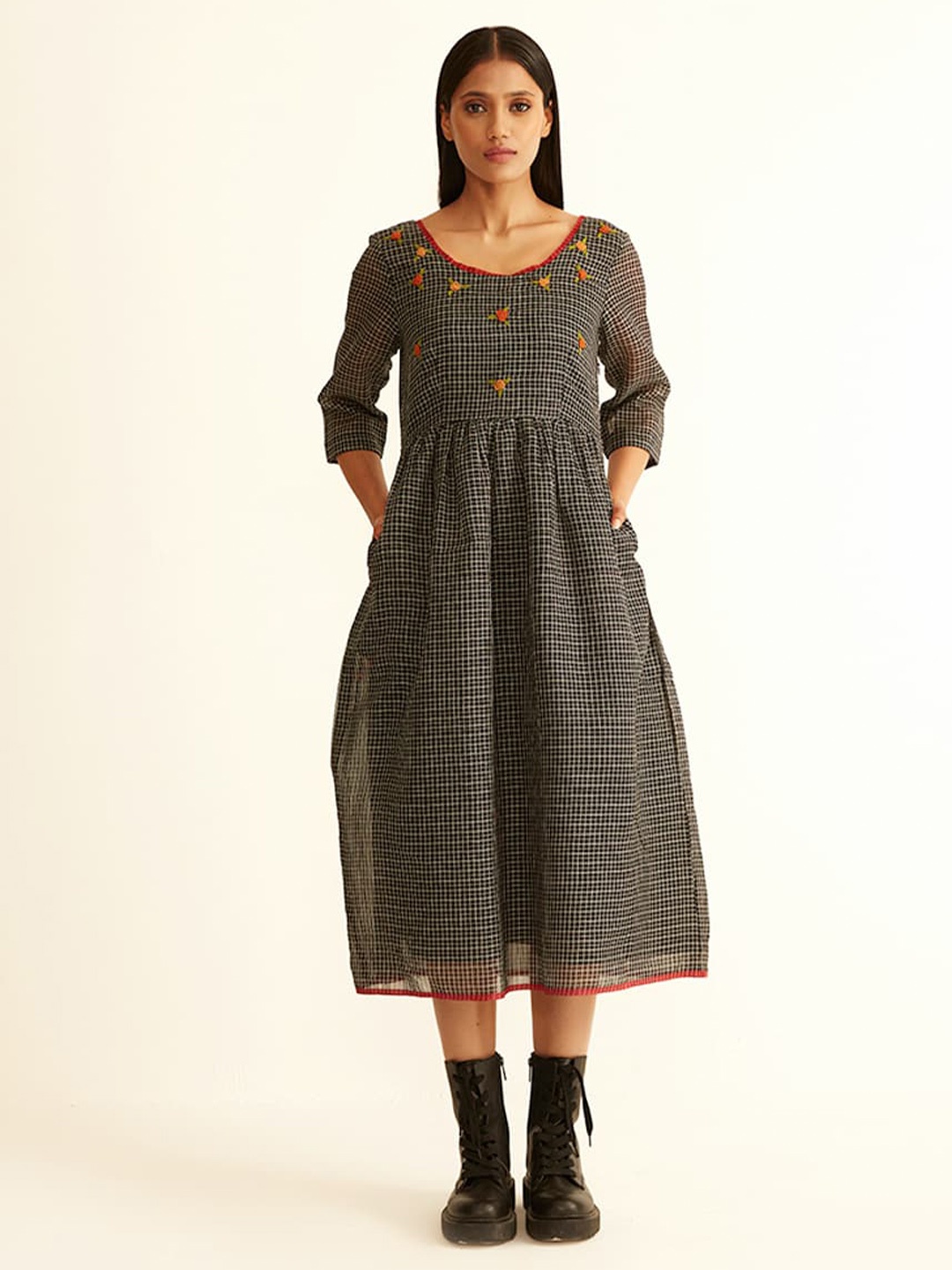 

Ancestry Black Checked A-Line Midi Dress