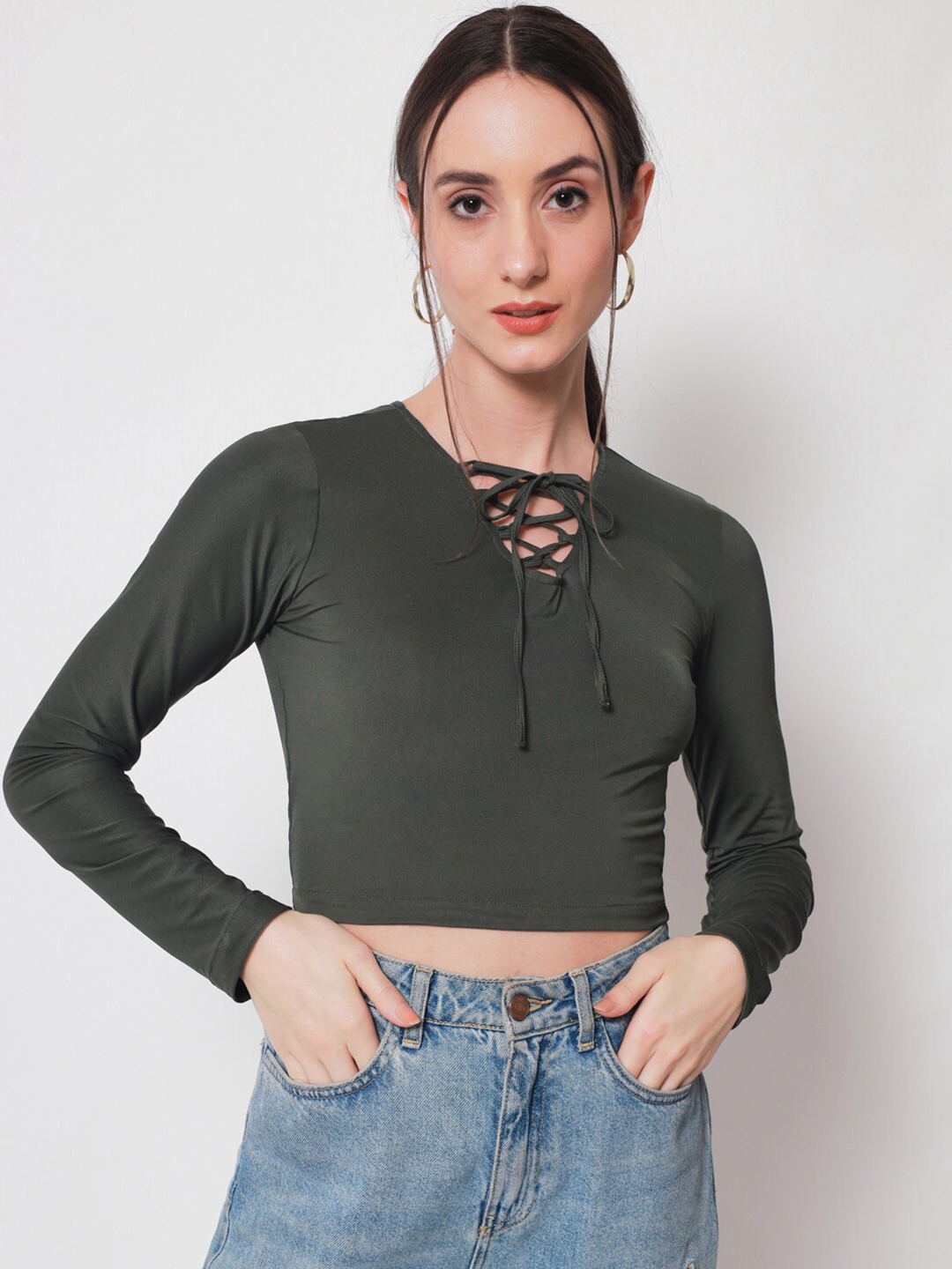 

CHARMGAL Green Solid Crop Top