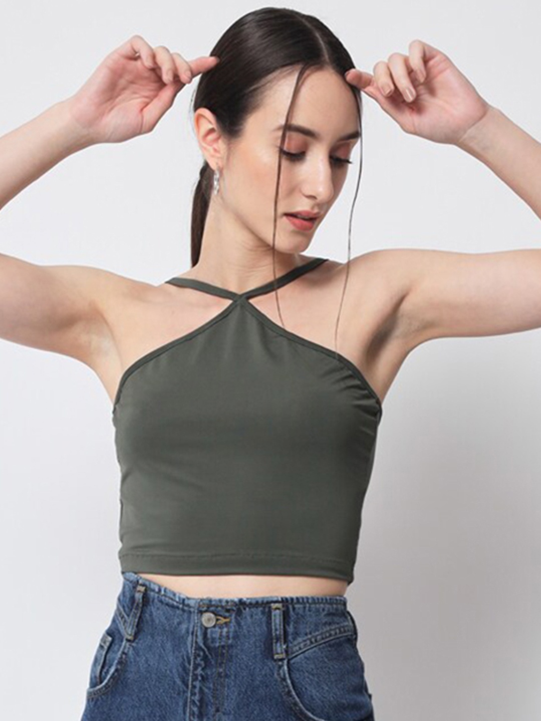 

CHARMGAL Green Halter Neck Crepe Top