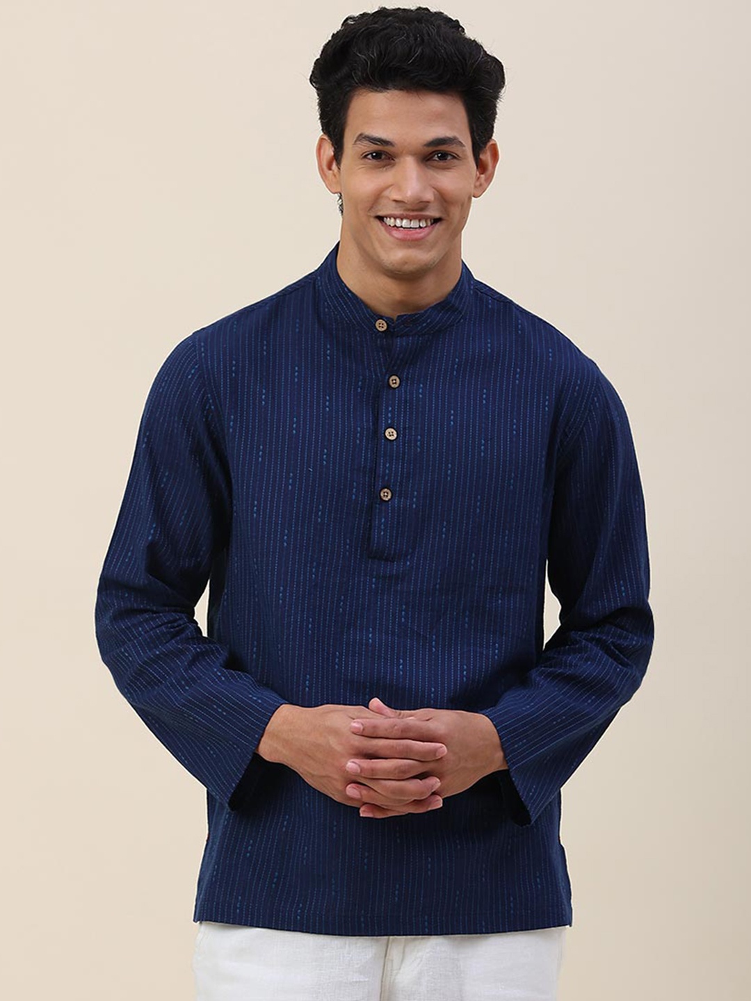 

Fabindia Men Navy Blue Striped Cotton Kurta