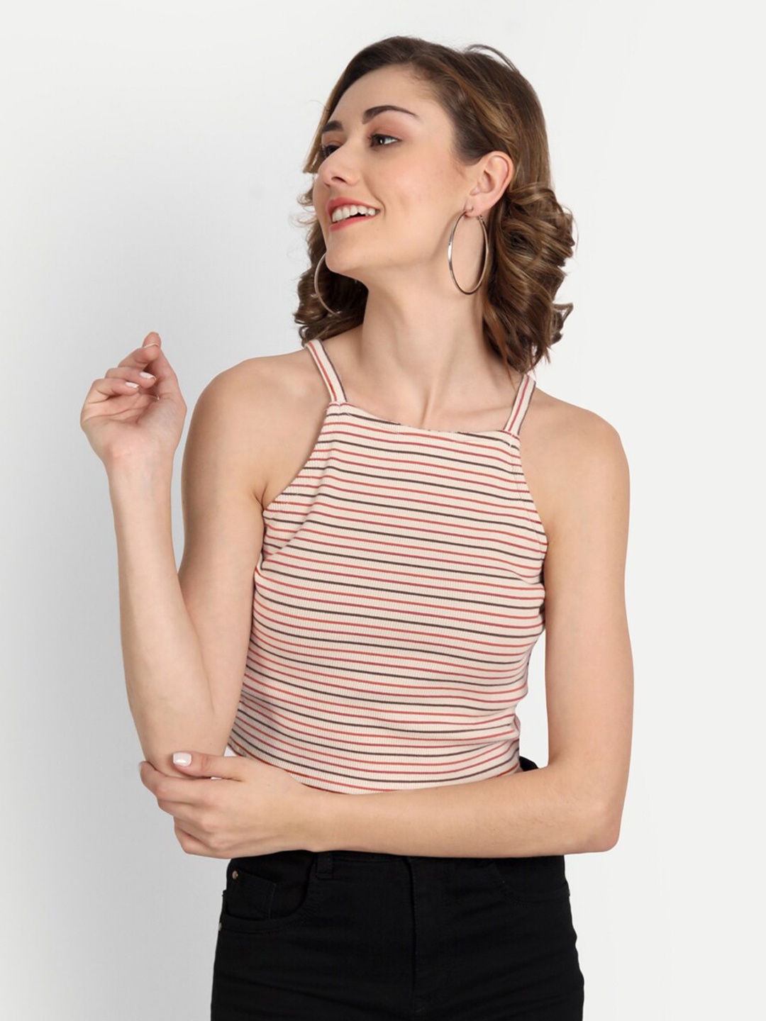 

CHARMGAL Cream & Black Pure Cotton Striped Tube Top