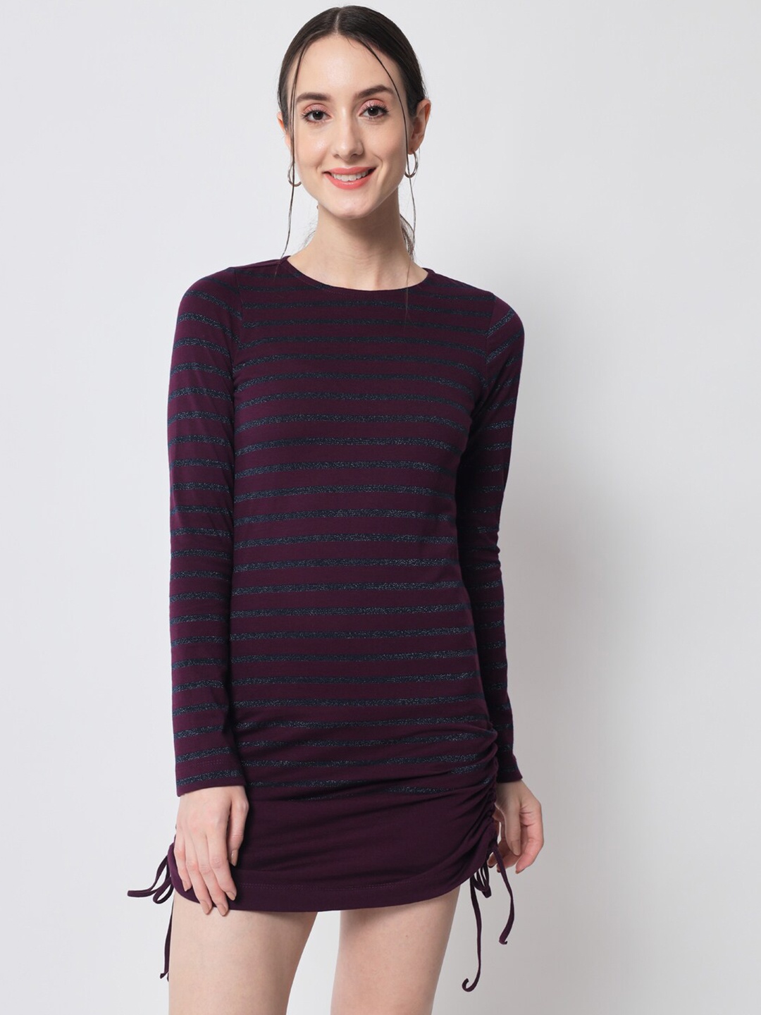 

CHARMGAL Purple & Grey Melange Striped Long Sleeves Bodycon Mini Cotton Dress