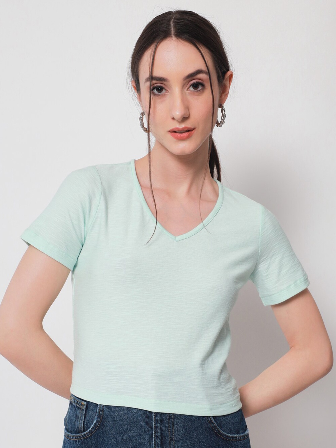 

CHARMGAL Blue Solid Crop Top