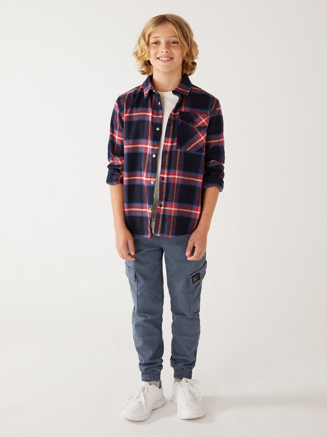 

Marks & Spencer Boys Tartan Checks Checked Cotton Casual Shirt, Navy blue