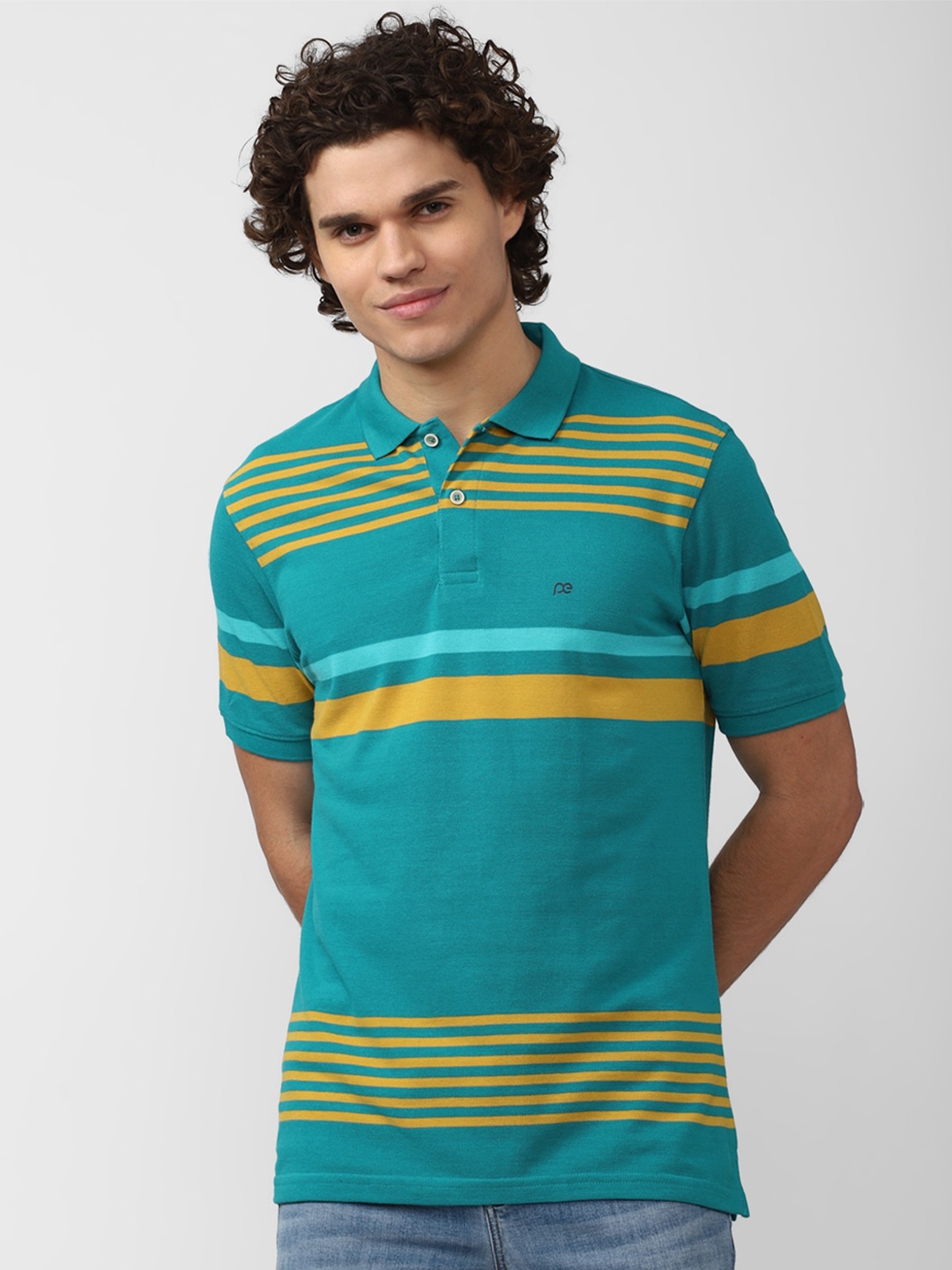 

Peter England Casuals Men Blue Striped Polo Collar T-shirt