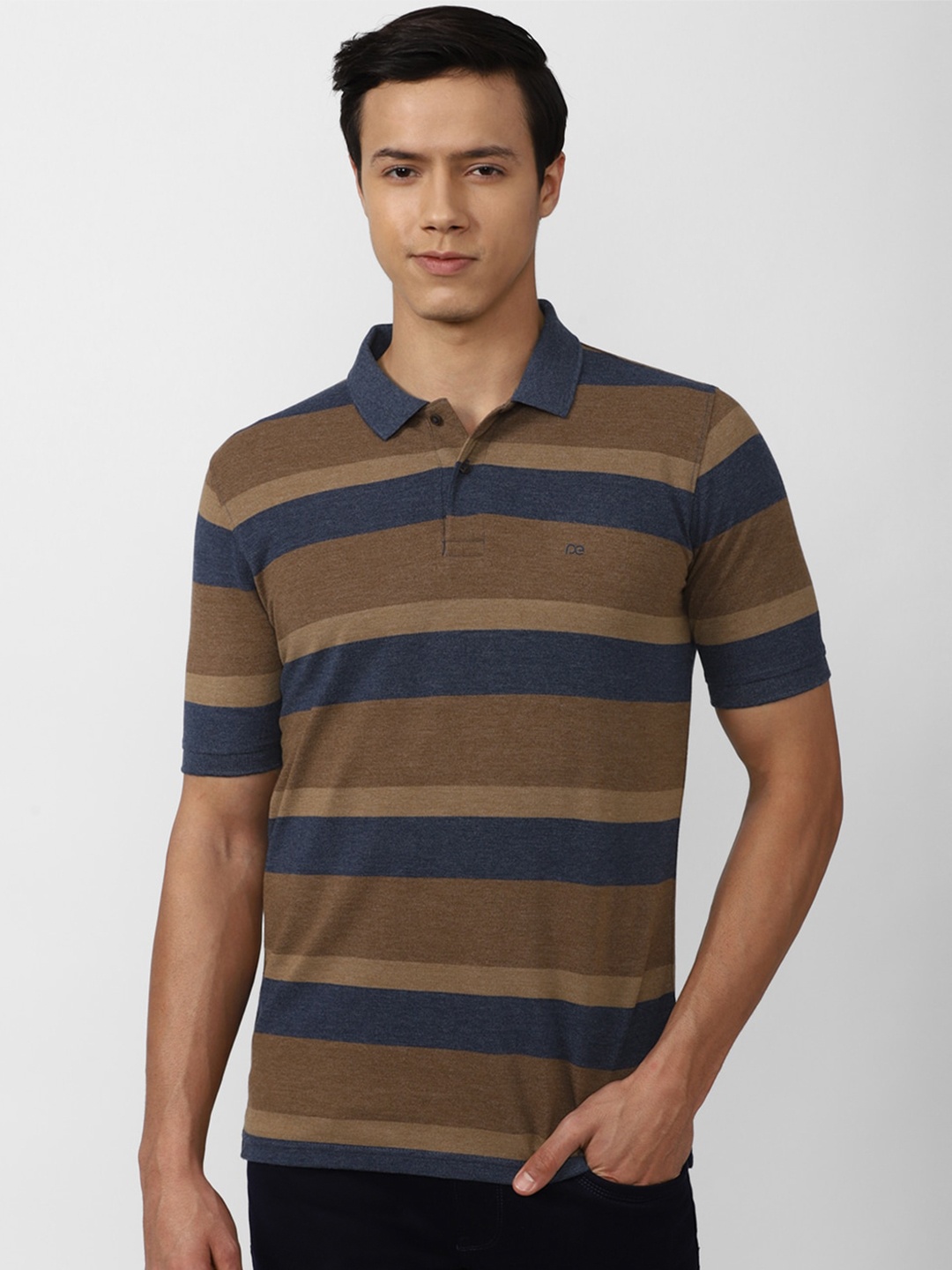 

Peter England Casuals Men Brown & Navy Blue Striped Polo Collar T-shirt