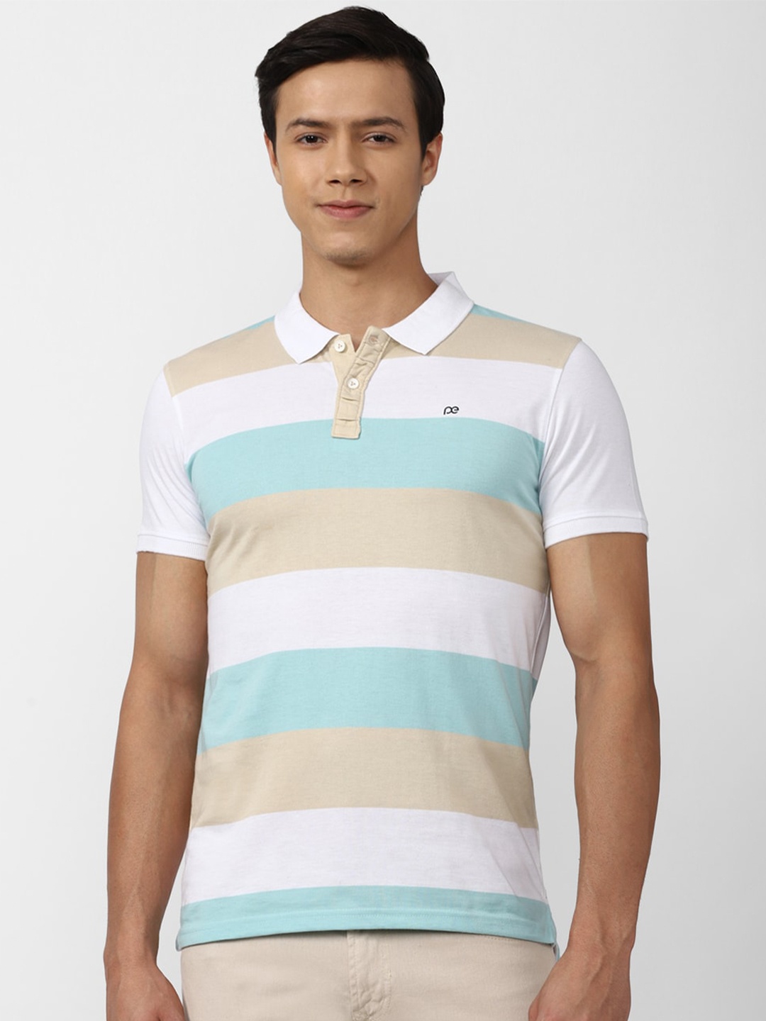 

Peter England Casuals Men Beige & White Printed Polo Collar Slim Fit Cotton T-shirt