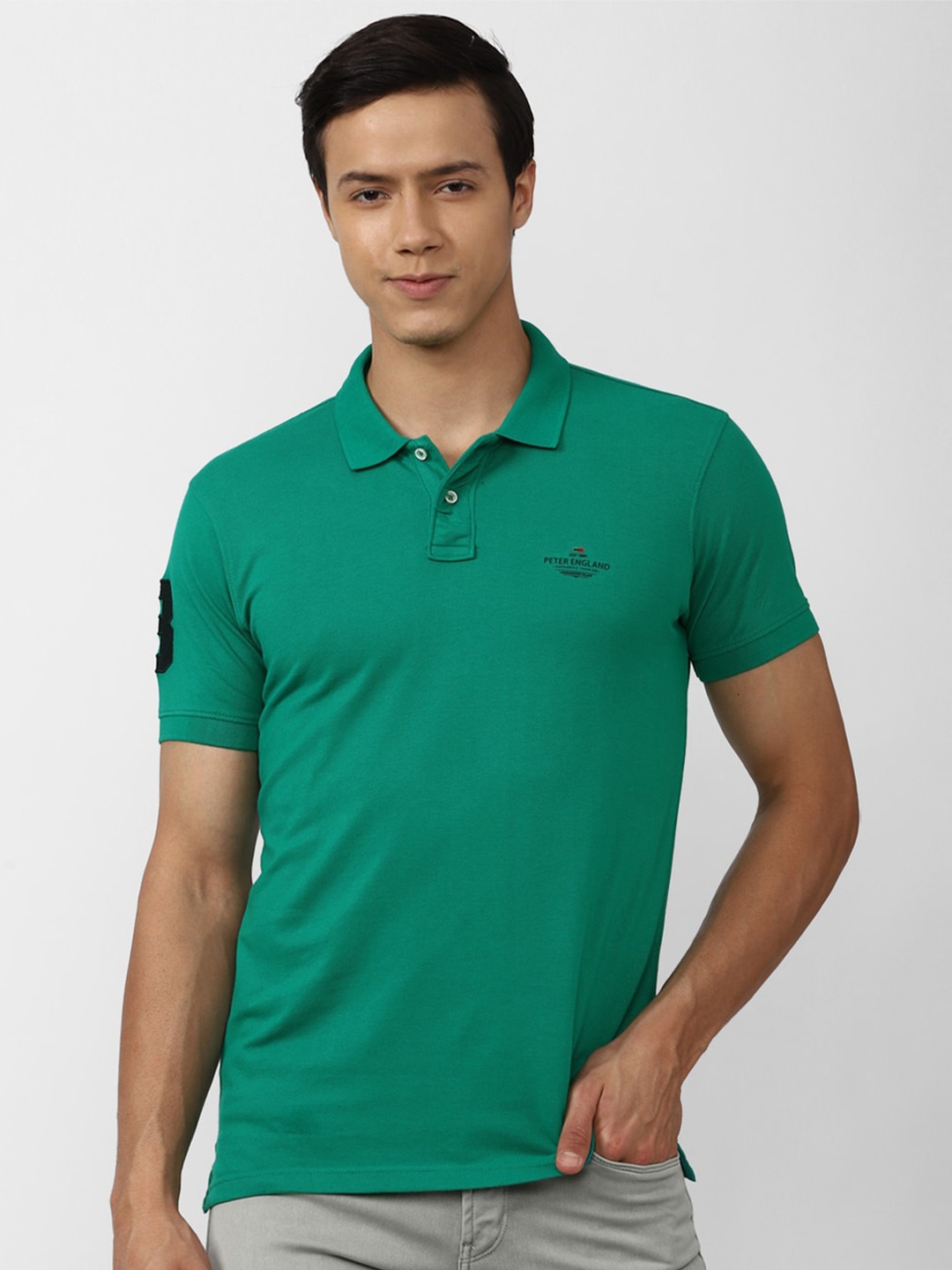 

Peter England Casuals Men Green Polo Collar Applique Slim Fit Cotton T-shirt