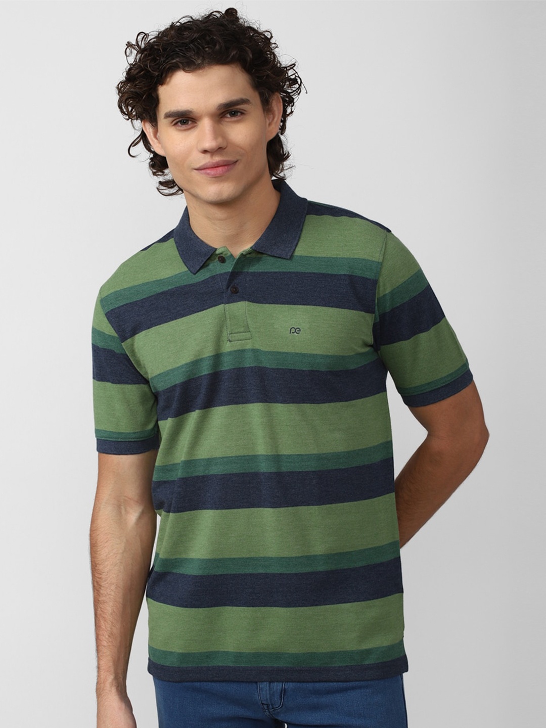 

Peter England Casuals Men Green & Navy Blue Printed Polo Collar Cotton T-shirt
