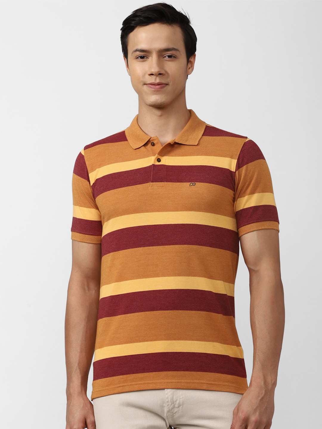 

Peter England Casuals Men Brown & Mustard Yellow Printed Polo Collar Cotton T-shirt