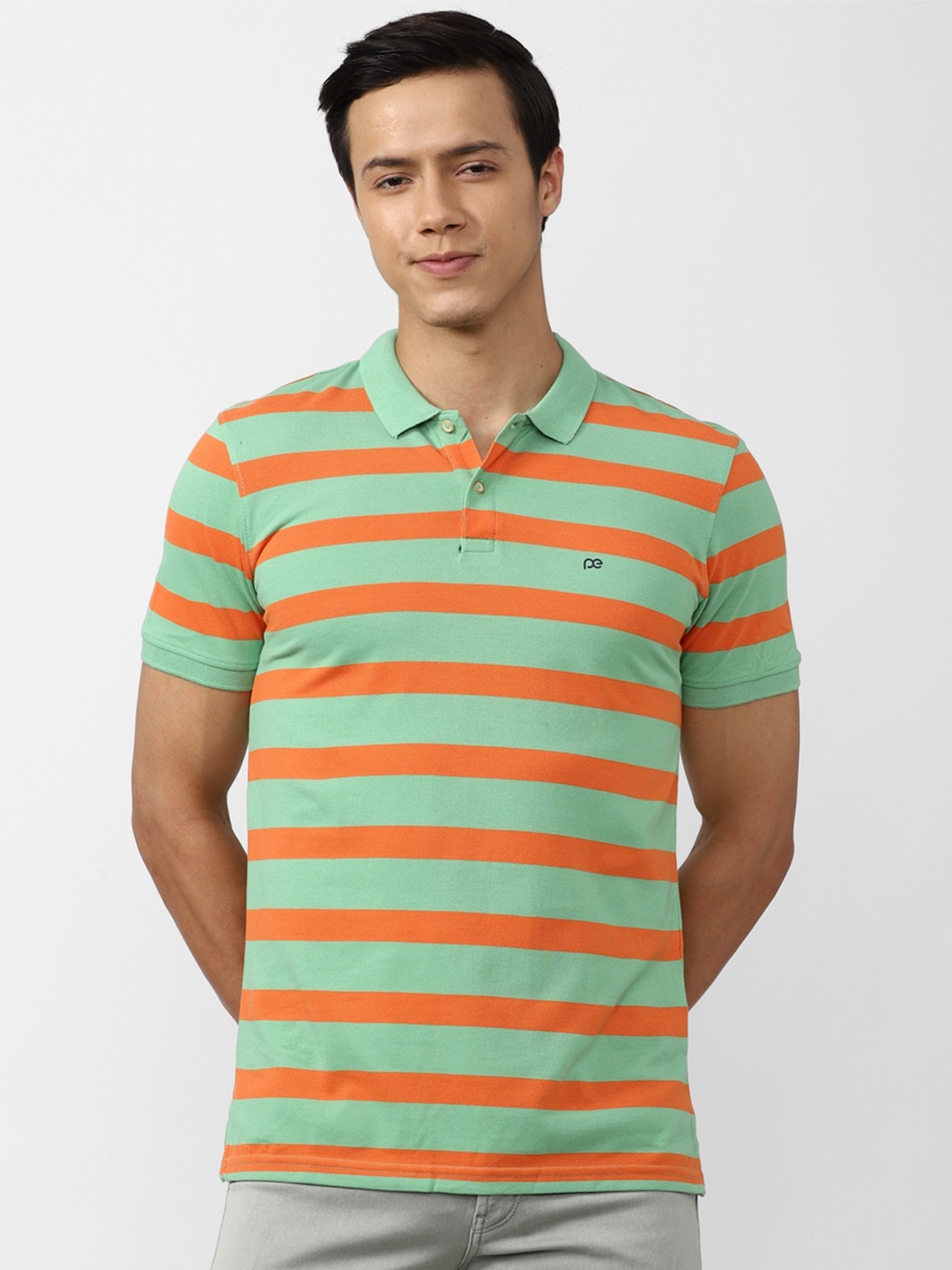 

Peter England Casuals Men Green & Orange Printed Polo Collar Slim Fit Cotton T-shirt