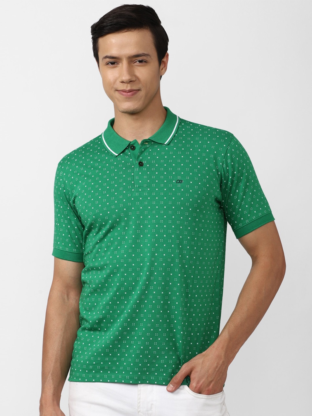 

Peter England Casuals Men Green Printed Polo Collar Slim Fit Cotton T-shirt