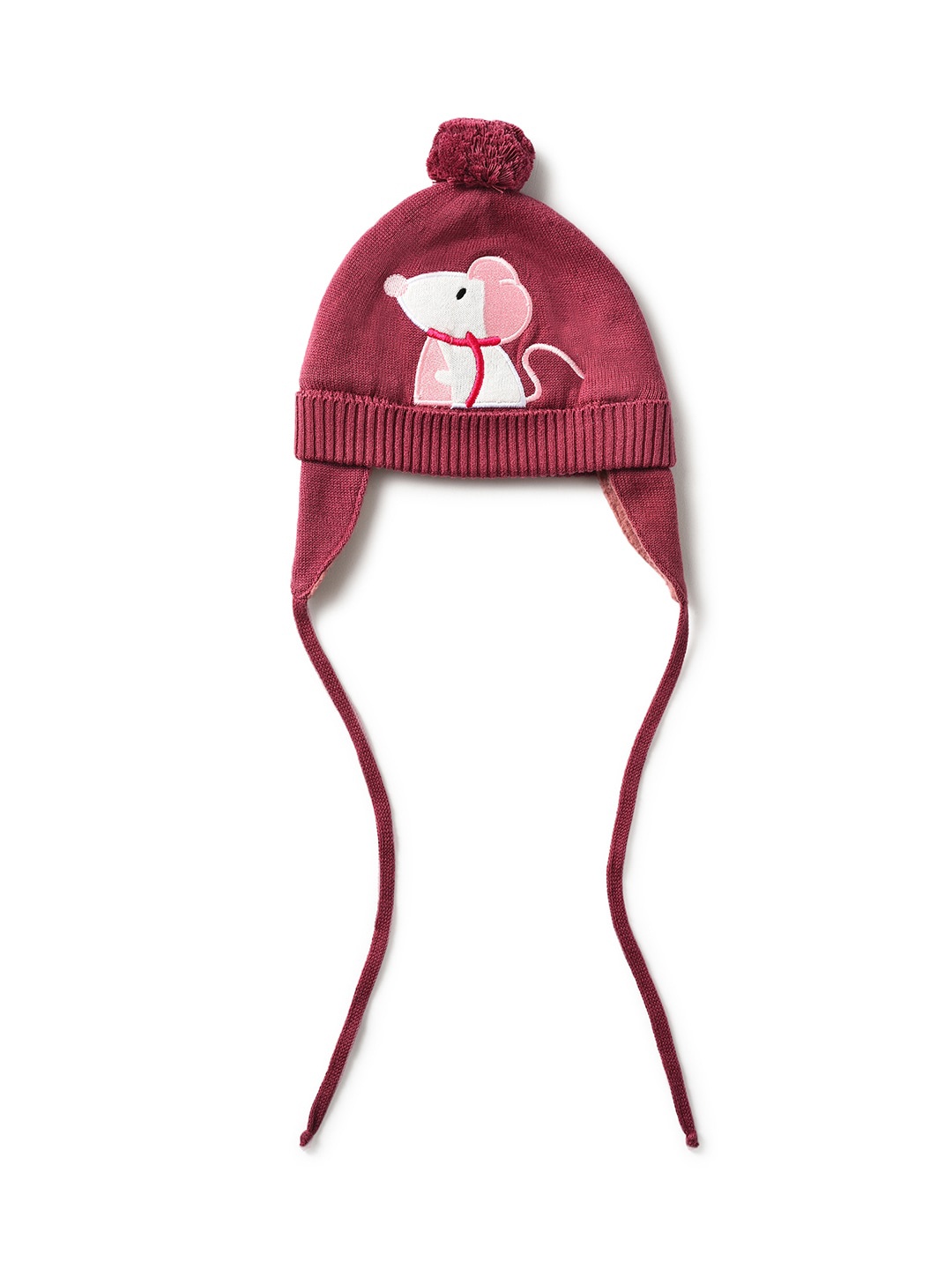 

MiArcus Unisex Kids Maroon & White Embroidered Cotton Beanie