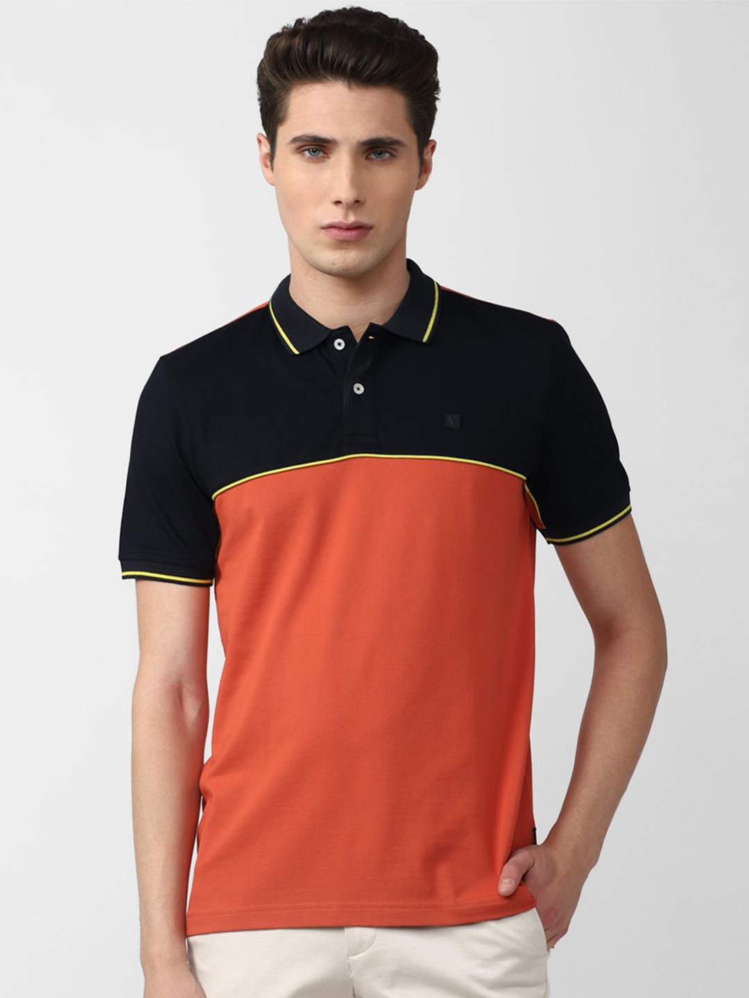 

Van Heusen Sport Men Orange & Black Colourblocked Polo Collar Cotton T-shirt