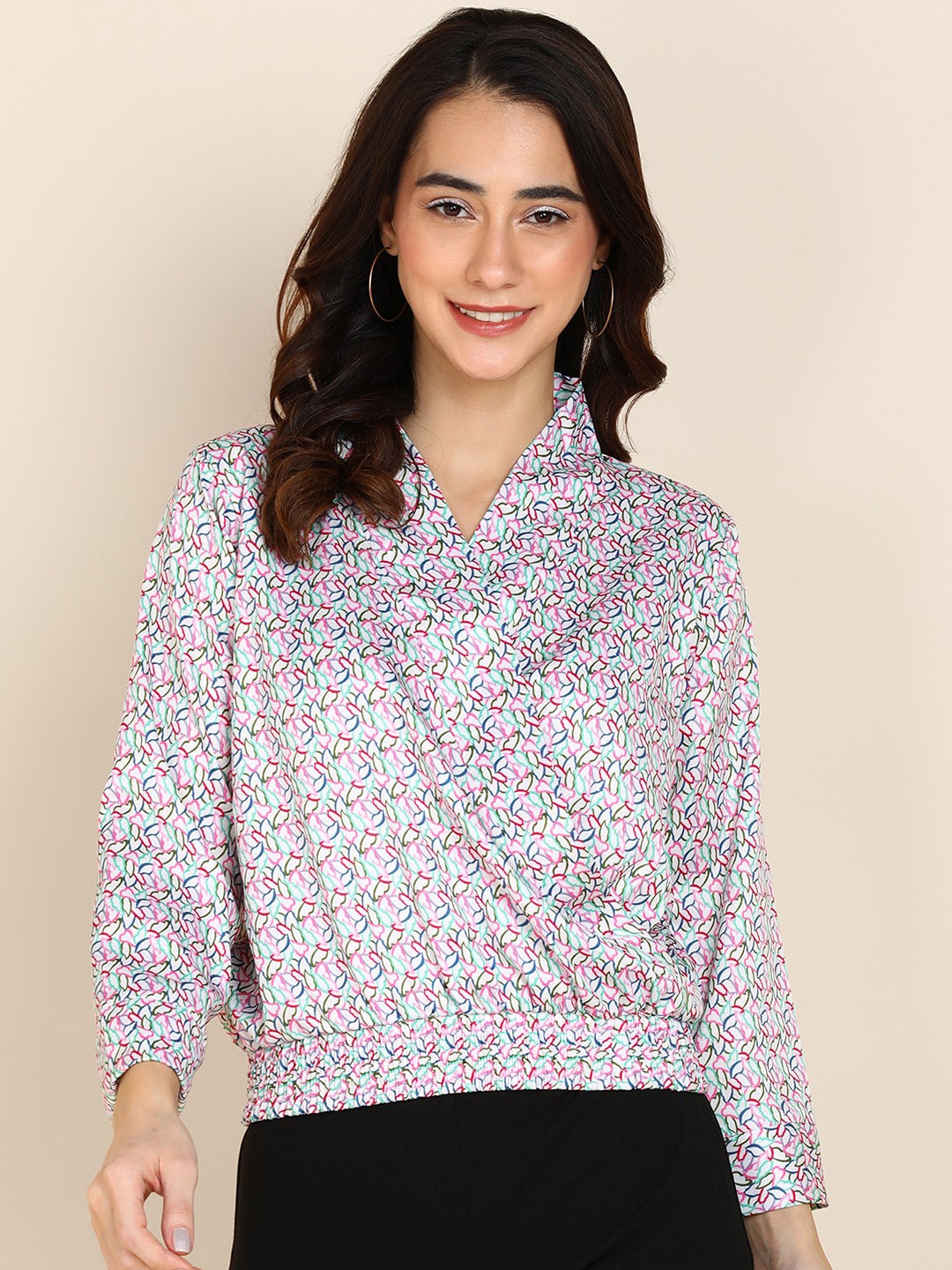 

Sangria White & Blue Printed Cuffed Hem Top