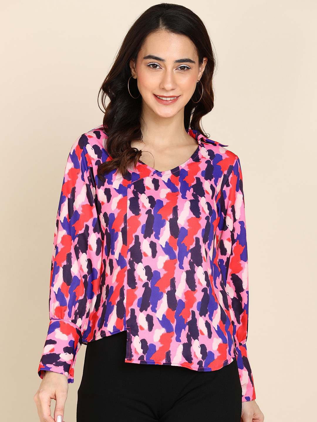 

Sangria Pink & Blue Printed Cuffed Sleeves Tops
