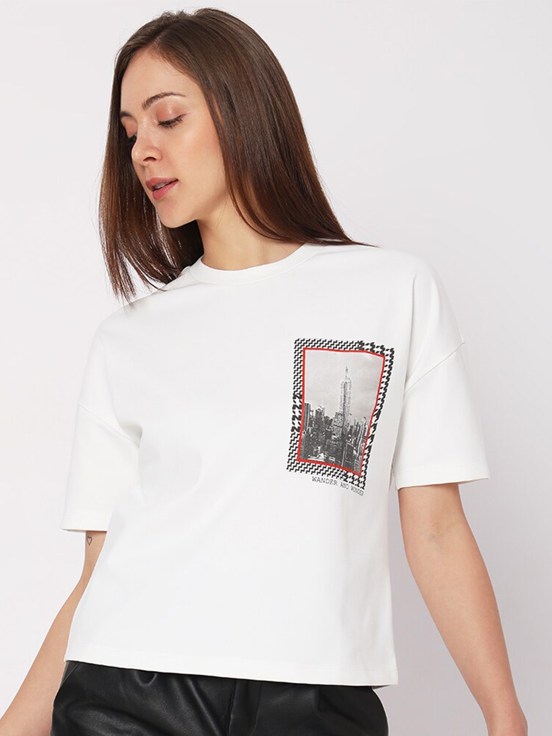 

Vero Moda Women White Printed Drop-Shoulder Sleeves T-shirt