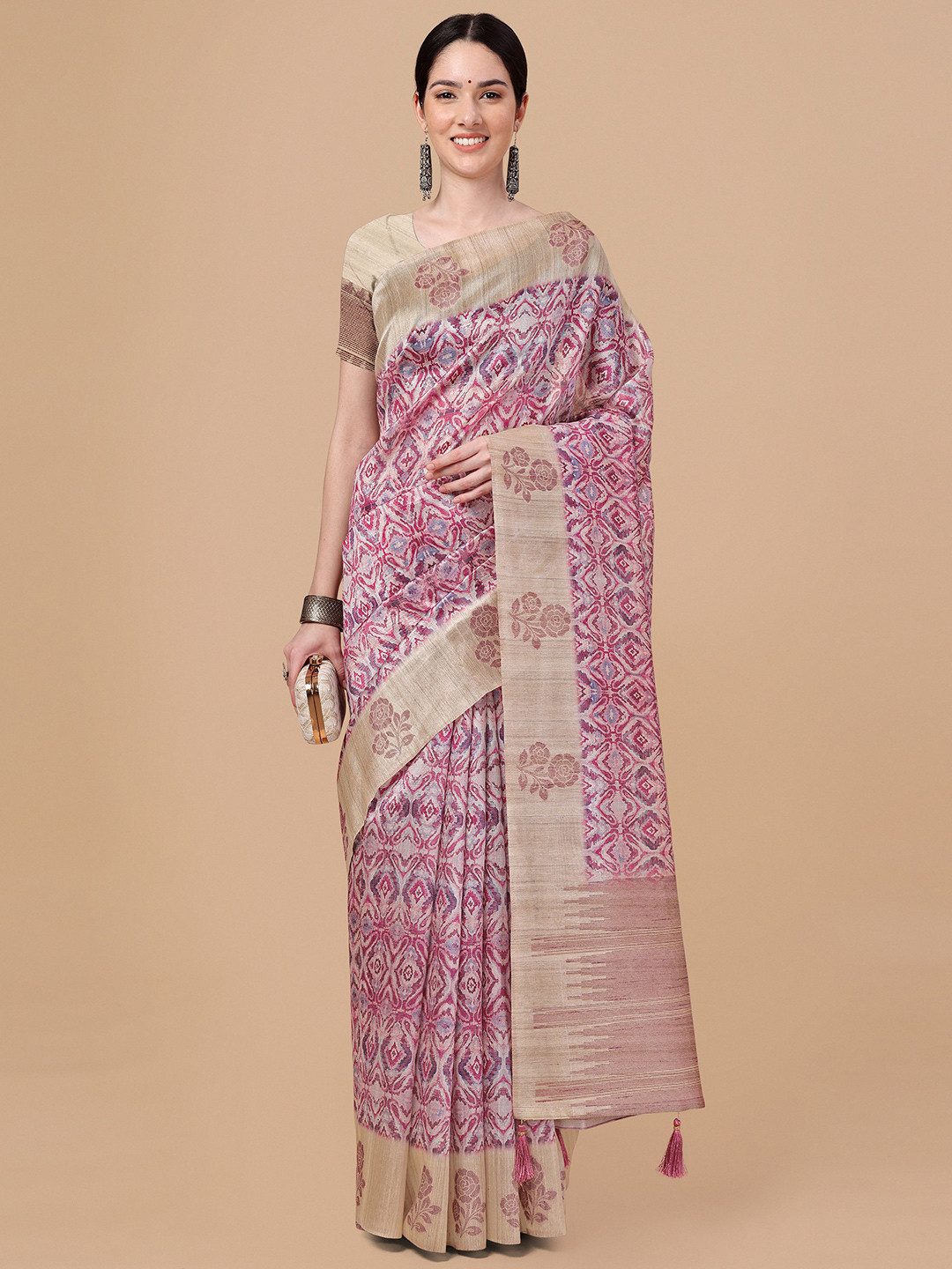 

Mitera Pink & Brown Zari Silk Blend Saree
