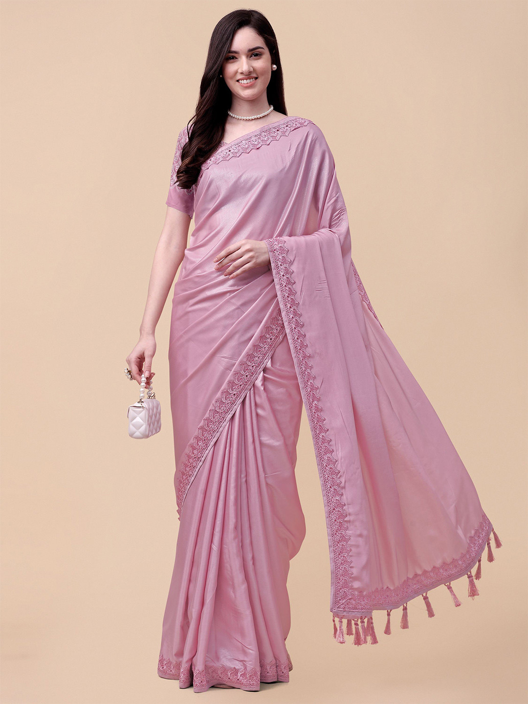 

Mitera Pink Embroidered Satin Saree