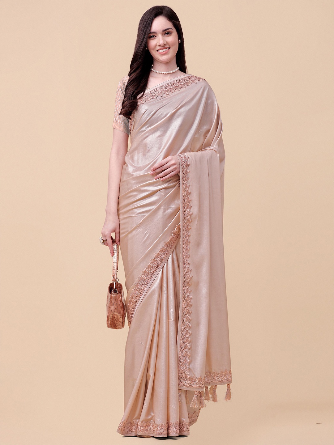 

Mitera Beige Embroidered Satin Saree