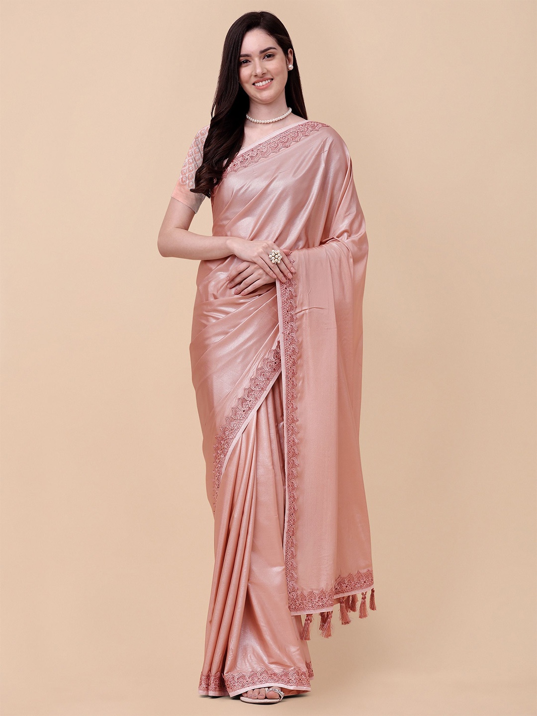 

Mitera Peach-Coloured Embroidered Satin Saree