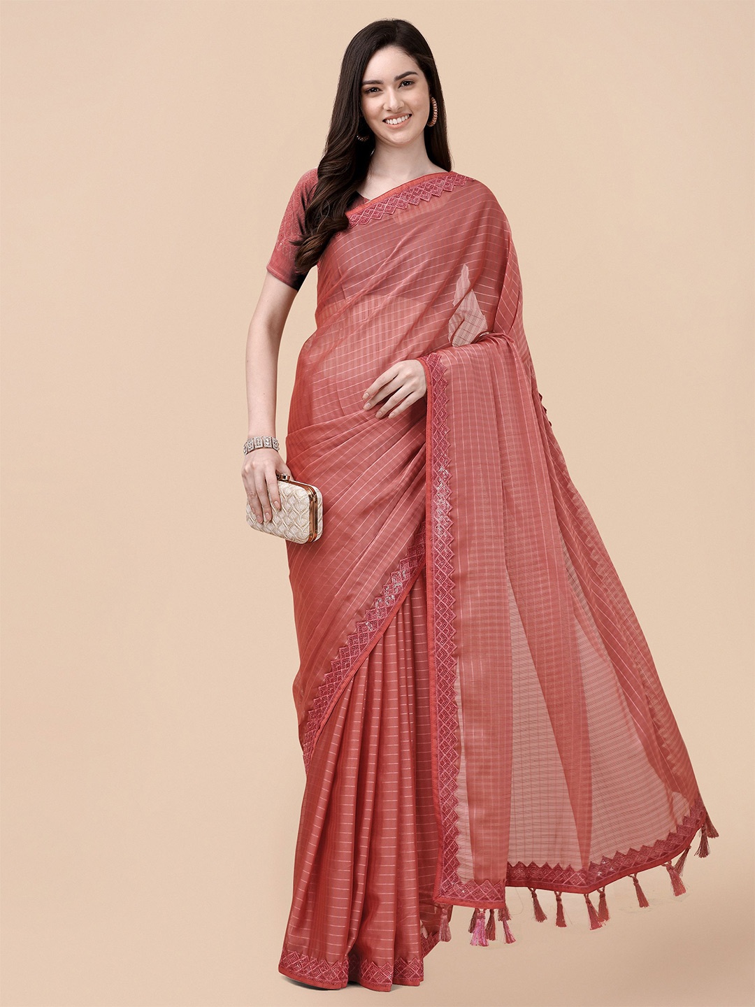 

Mitera Peach-Coloured Striped Embroidered Pure Chiffon Saree